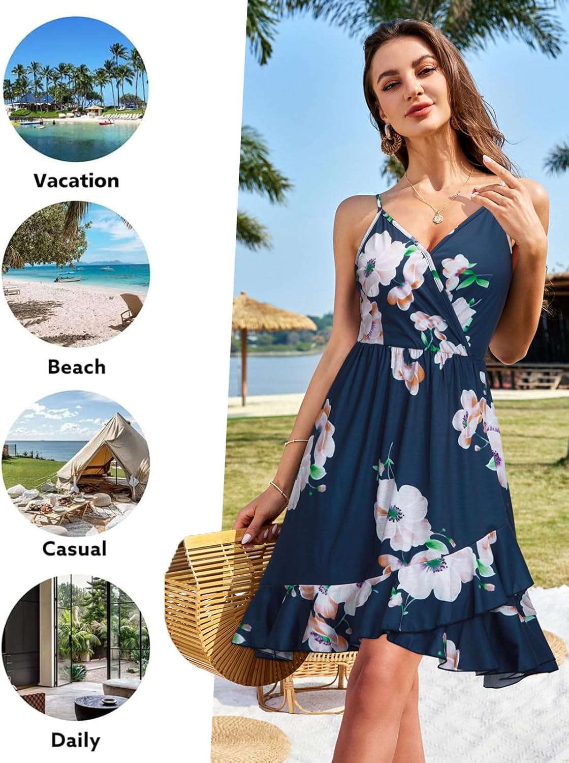 ULTRANICE Womens Summer Dresses Floral V Neck Ruffled Hem Spaghetti Spring Casual Beach Outfits Flowy Wrap Sun Dress - Image 4