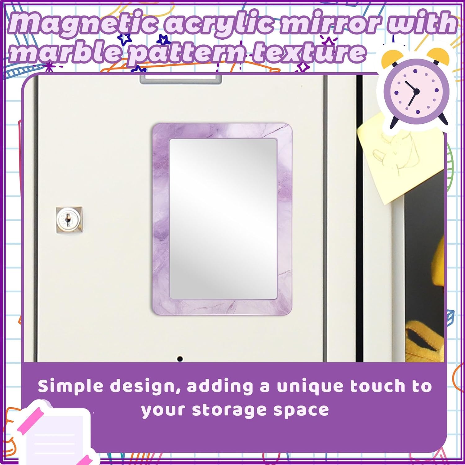 Demonwer Magnetic Locker Mirror 7x5 Inch Purple Marble Style Mirrors with Magnetic Stripe Locker Accessory for Back to School Bathroom Refrigerator Office image 5