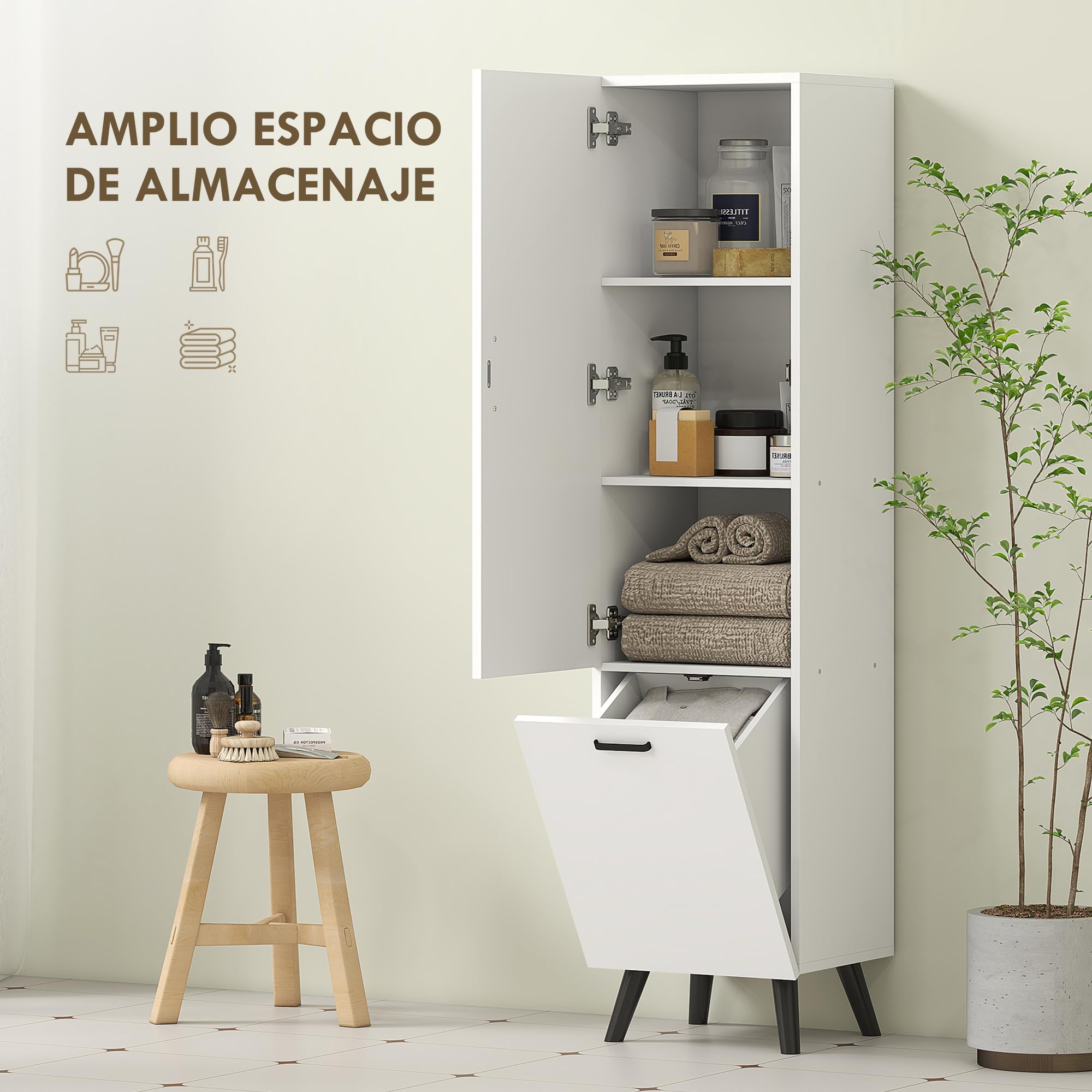 HOMCOM Armario de Baño Alto con Puerta y Estantes 35x31,5x144 cm Blanco | Columna de Baño Estrecha, Cesto para Ropa Sucia, Mueble Auxiliar para Cocina Salón