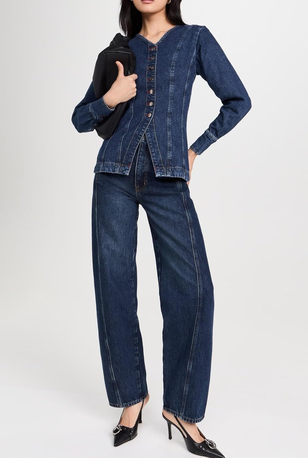 Women's Collarless Denim Jacket Long Sleeve Button Down V-Neck Slim Fit Jean Jacket Denim Top - Image 4