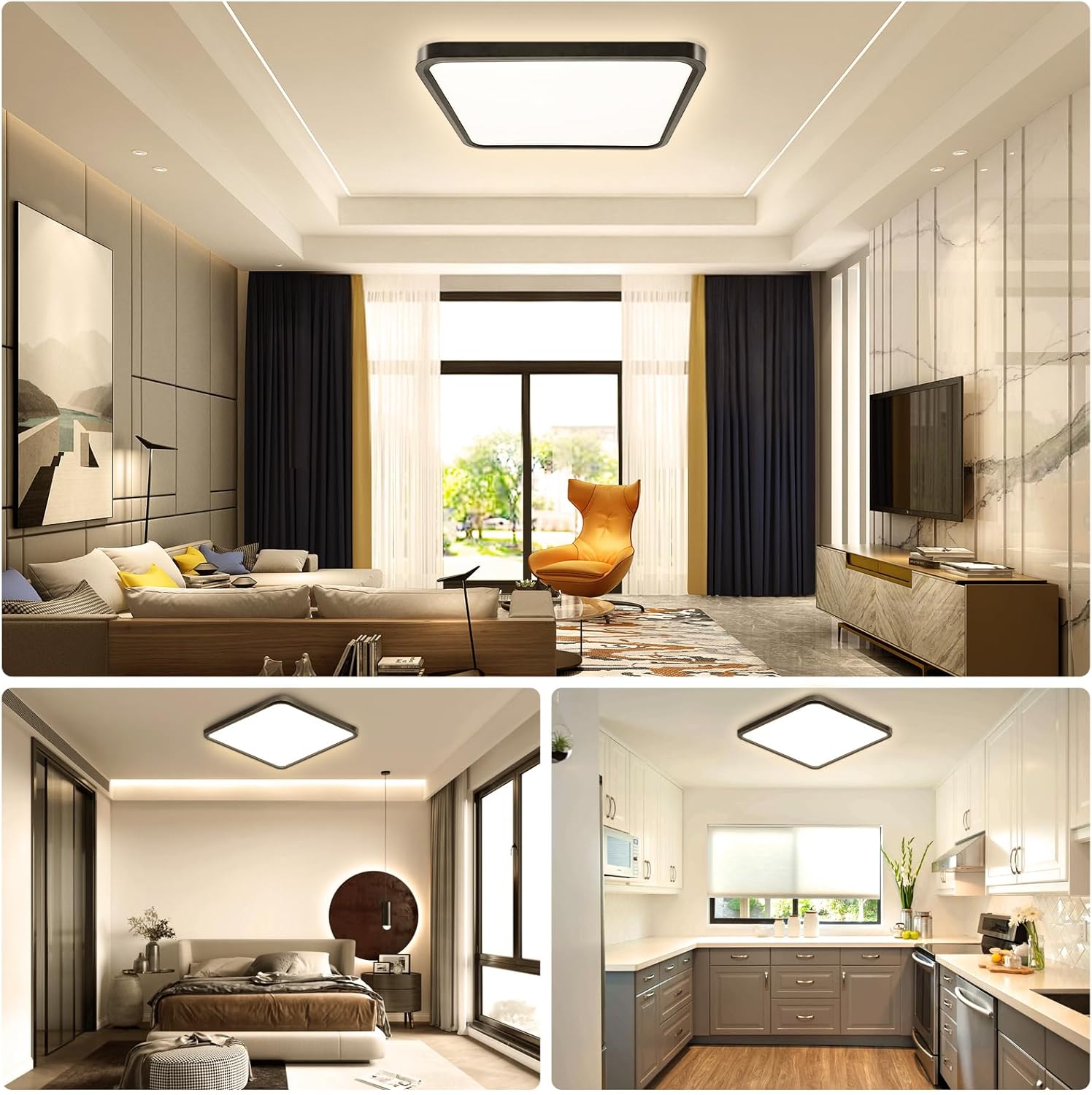 15.7Inch 32W Square LED Ceiling Light Fixtures Flush Mount, 2800K Warm White LED Ceiling Lamp, Surface Mount Modern Ceiling Lights, Black Slim Flat Panel Lighting for Bedroom, Kitchen, Bathroom