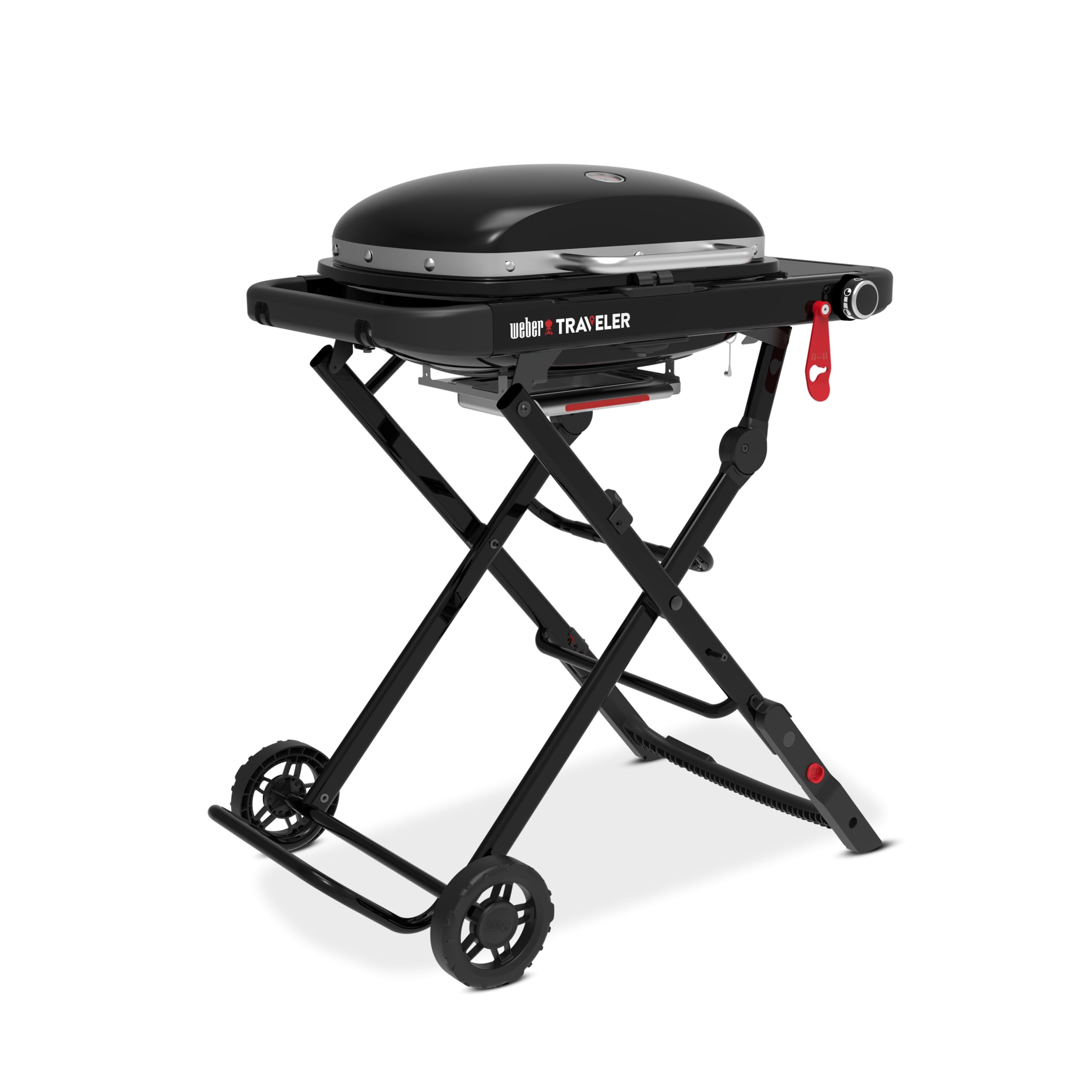 Weber Traveler Compact Gasgrill/Klappbarer und tragbarer Gasgrill mit Rädern, automatischer Deckelverriegelung und integriertem Thermometer, 1 Brenner, Grillfläche 52 x 36 cm, schwarz