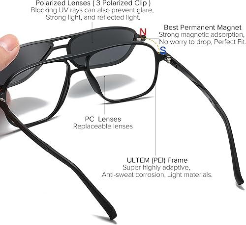 Miniatura 3 de Gafas de sol polarizadas magnéticas con clip para gafas de sol para hombre, para conducción, cuadrado, aviador, sin receta