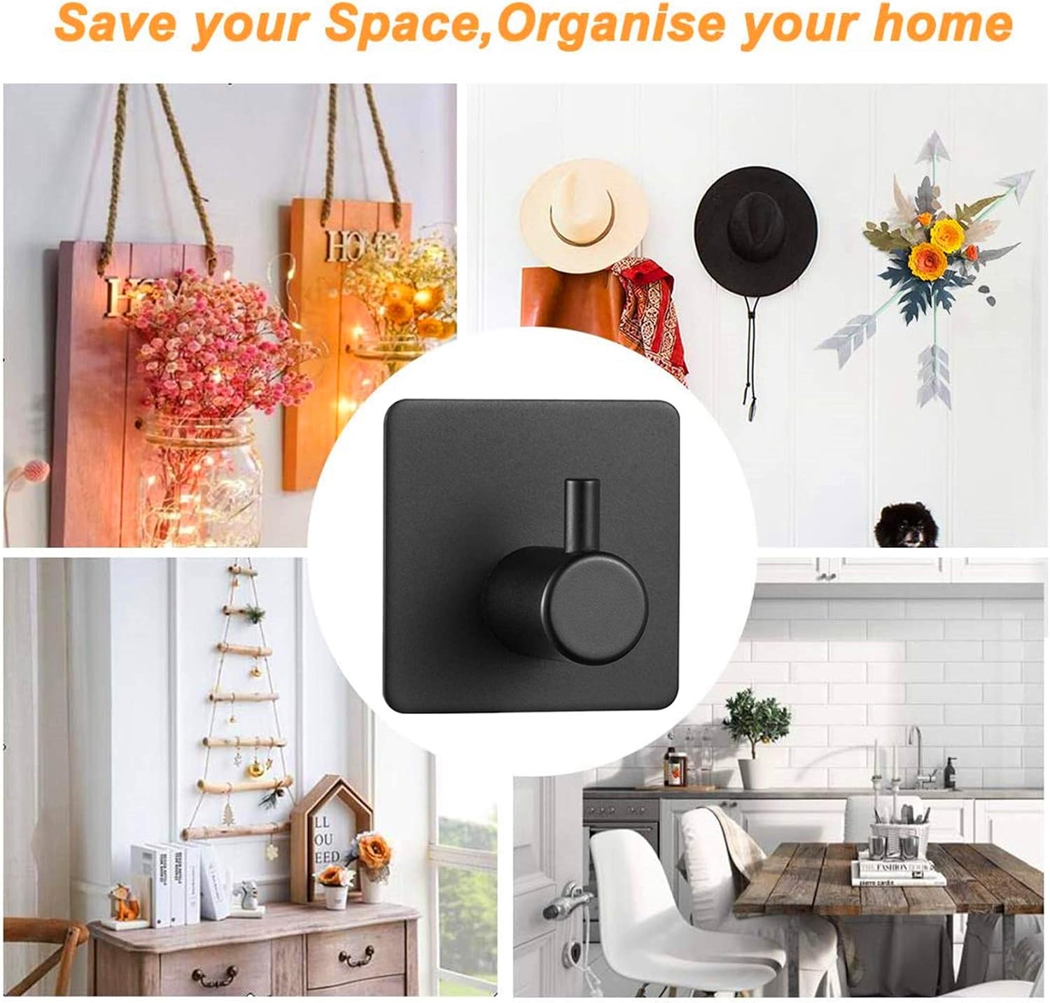 3M Adhesive Wall Hooks - Black 4 Pack SUS304 Stainless Steel Hangers| Brushed Heavy Duty Wall Hooks| for Towels Keys Robes Hooks On Door Wardrobe Closet Bathroom Kitchen