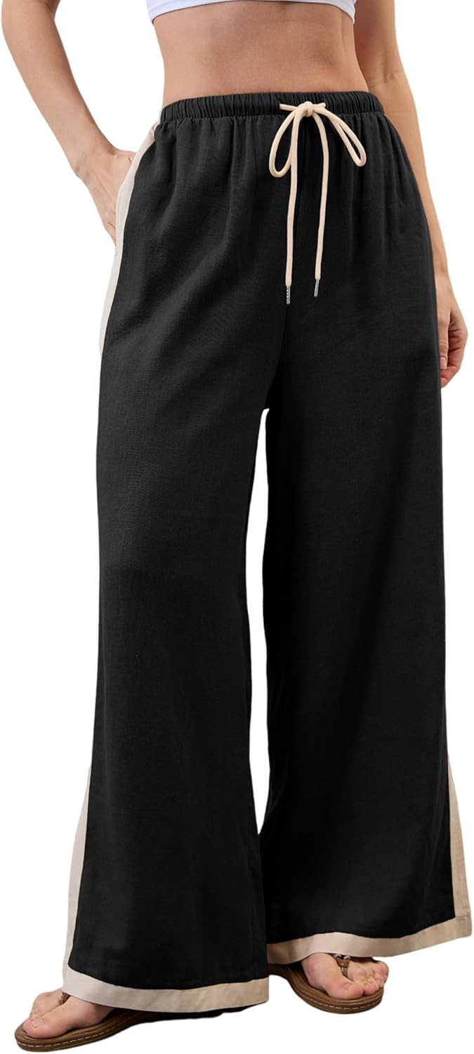 Lentta Womens Linen Wide Leg Pants Side Striped Palazzo Pants Beach Pants with Pockets Lounge Vacation Outfits