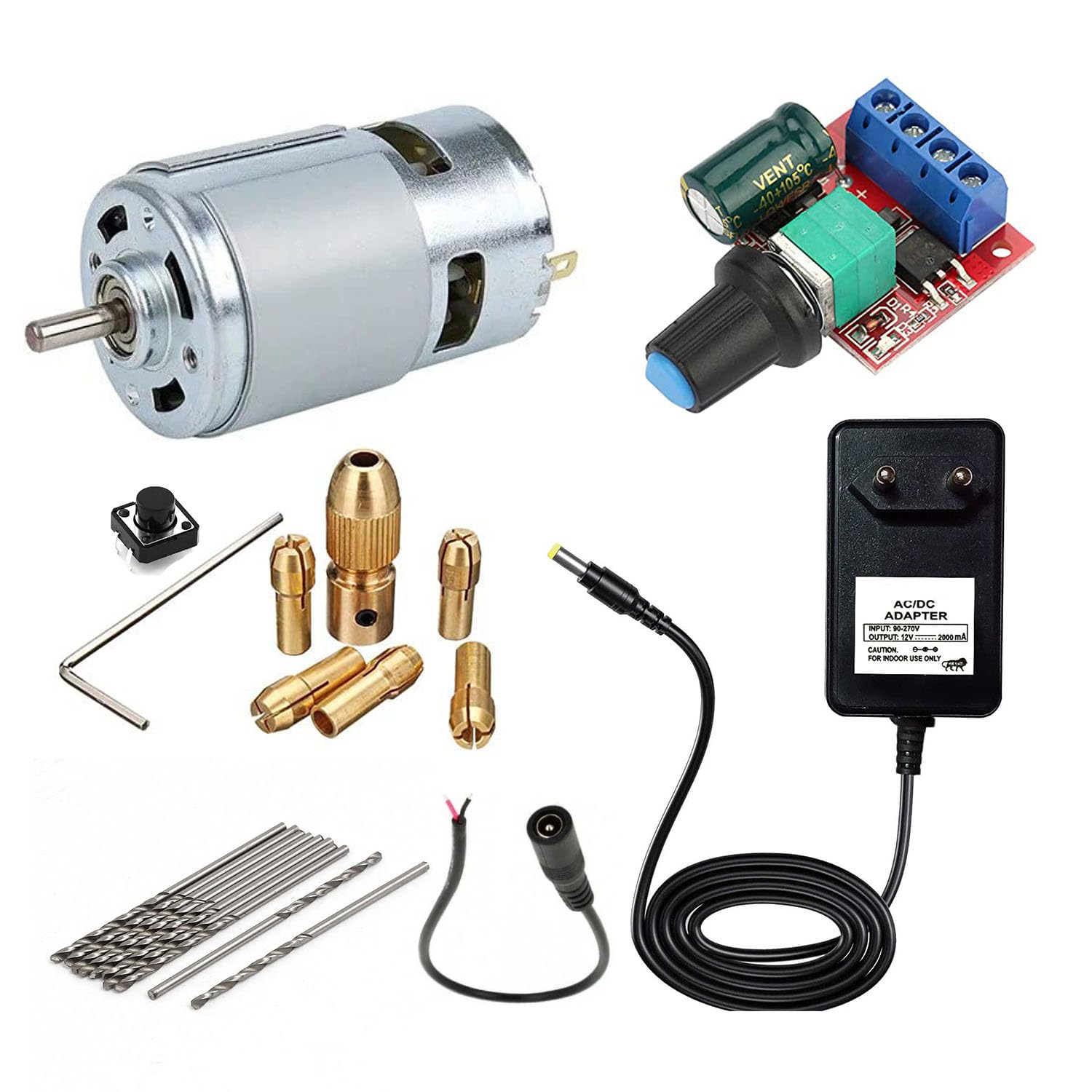 Electrobot DIY PCB Drilling Kit with DC RS-555 Motor, PWM Speed Controller, Push Button, 10pcs 1.0mm Drill Bits, Drill Chucks (0.5mm-3.0mm), and 12V 2A Power Adapter (B0D7732746) Amazon Price History, Amazon Price Tracker