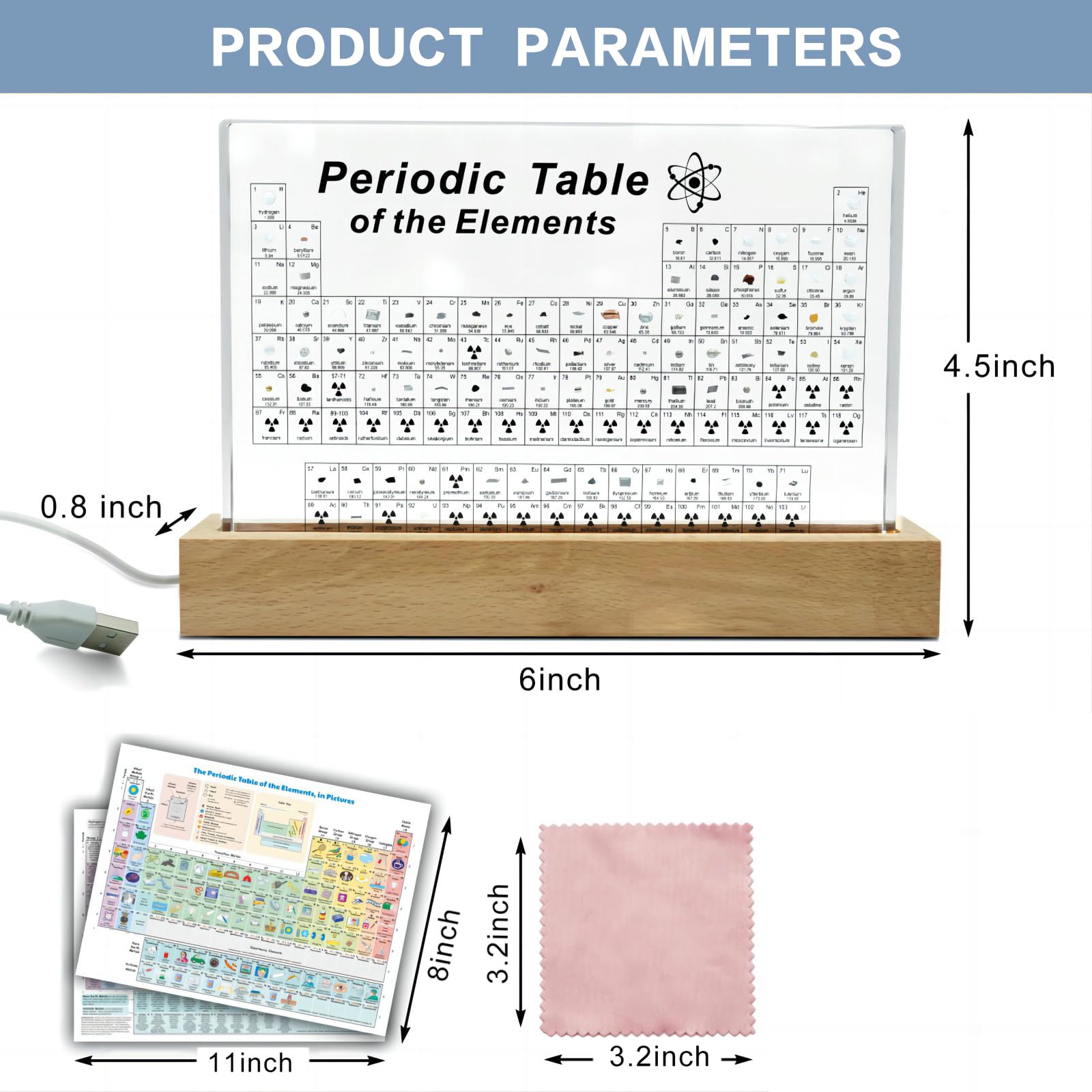 Zythtic Tavola periodica con elementi reali all'interno, tavola periodica in acrilico con 83 elementi reali, luce LED calda, supporto in legno, lente d'ingrandimento e poster da tavola periodica per