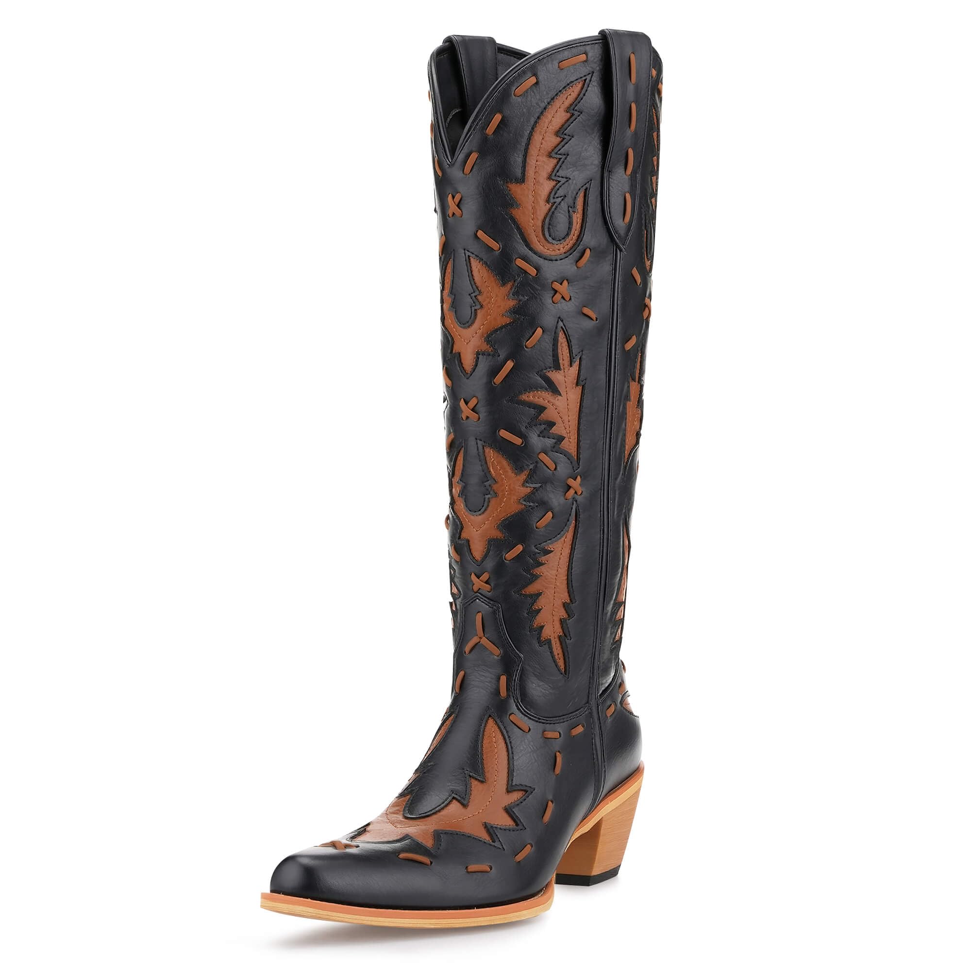 JORISTIMO Cowboy Boots for Women Knee High Pointed Toe Chunky Heel Boot Zipper with Western Embroidery