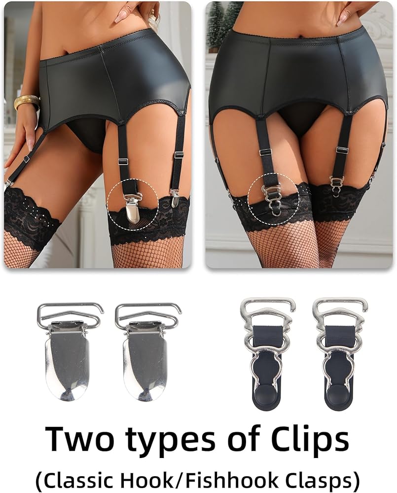 Amazon.com: ohyeah Garter Belt and Thigh Highs Set Garter Lingerie Set with  6 Strap Metal Clip Garter Belts for Stockings with Thong 12 Interchangeable  Clips : Clothing, Shoes & Jewelry