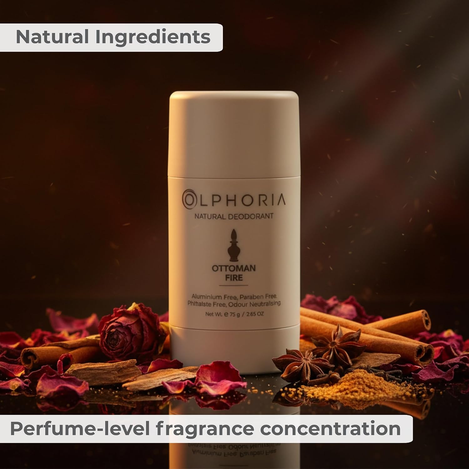 Natural Deodorant Stick | Perfume-Grade Fragrance | Zinc Ricinoleate Odor Neutralizer | Shea Butter & Coconut Oil | Aluminum Free | Paraben Free | Phthalate Free | OTTOMAN FIRE 75g