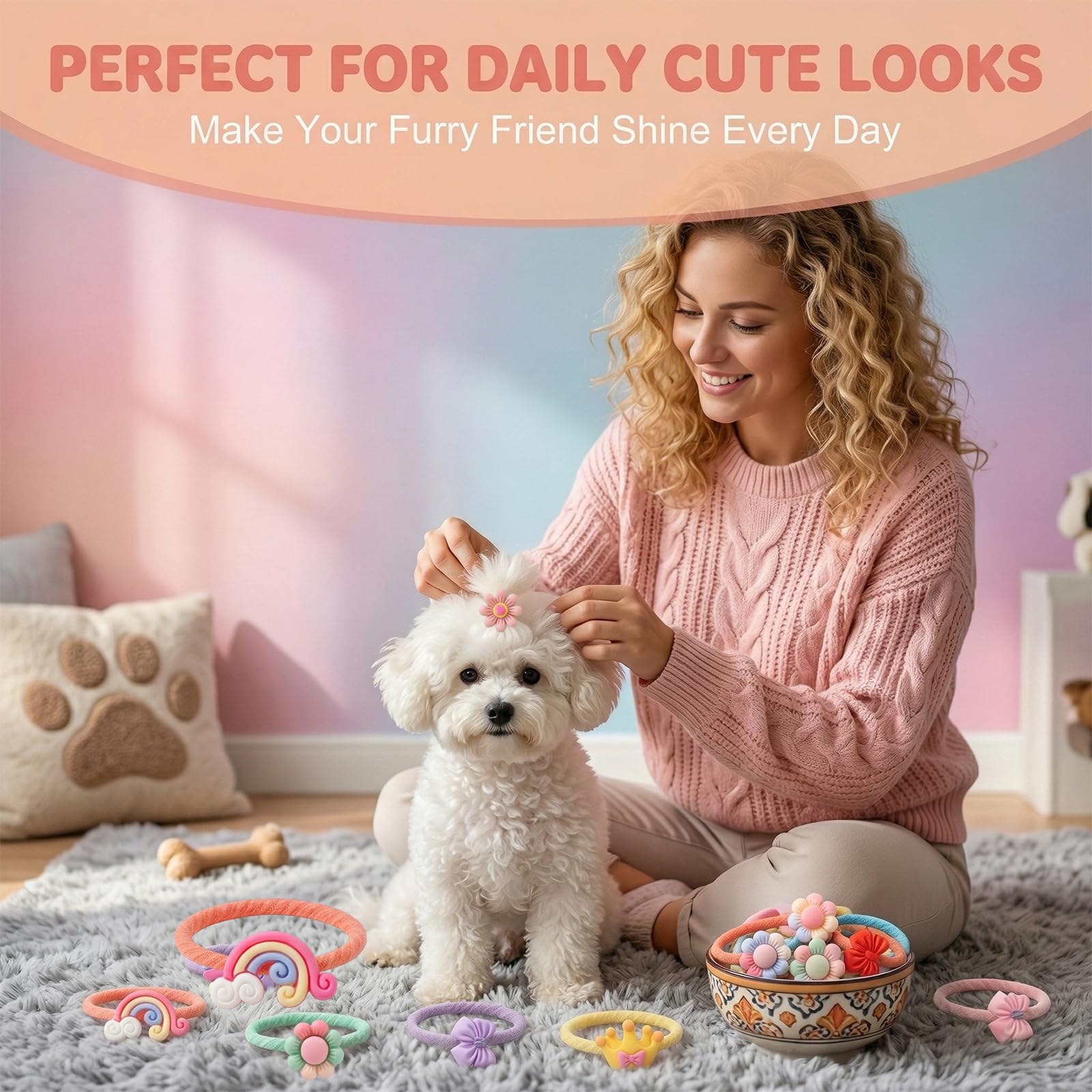 30 Pezzi Accessori per Animali Domestici, Fiocchi per Cani & Elastici per Cani, Papillon Cane con Corona Arcobaleno e Fiori per Cani Piccoli e Gatti