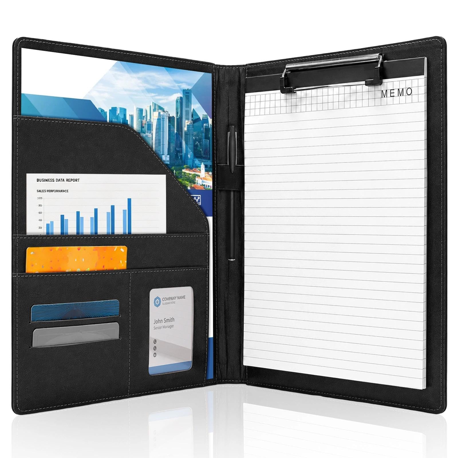 A4 Leather Portfolio Folder, Multifunctional Conference Clipboard Folder