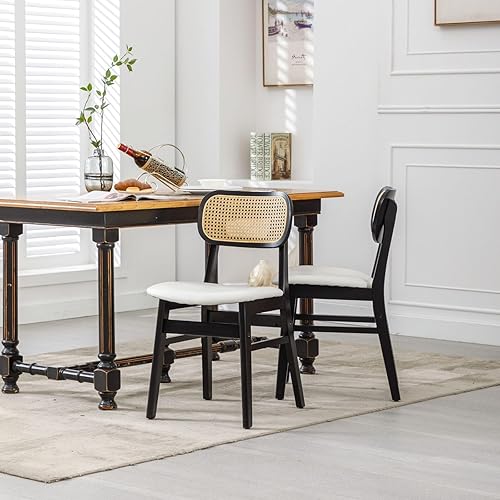 Miniatura 8 de Juego de 2 sillas de comedor de ratán, sillas de comedor de madera negra, sillas de cocina de piel sintética blanca con respaldo, sillas laterales