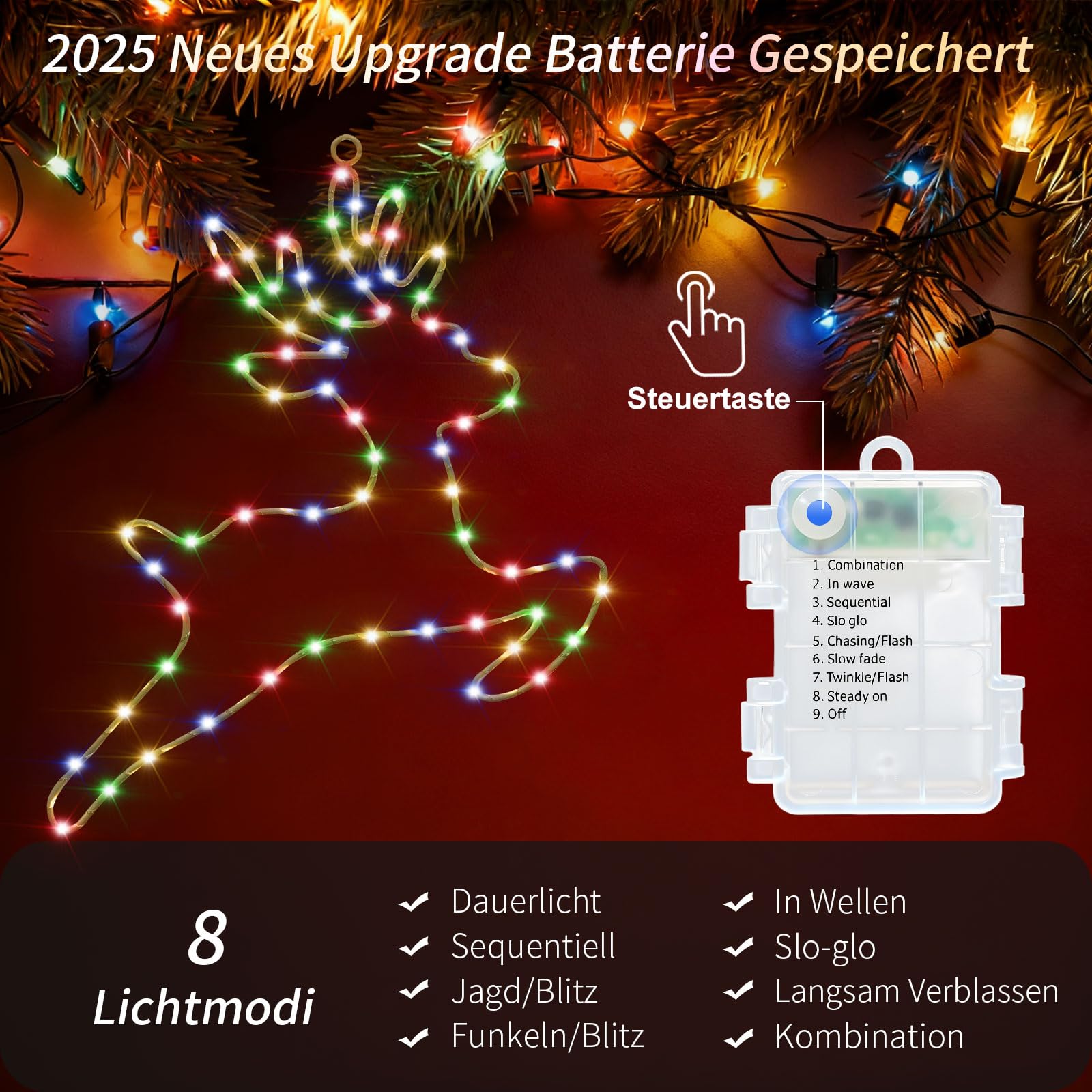 Catena luminosa illuminata con renna decorativa natalizia, 2 pezzi 80 LED, funzionamento a batteria, illuminazione natalizia per finestra con timer, 8 modalità, luci natalizie, decorazione per