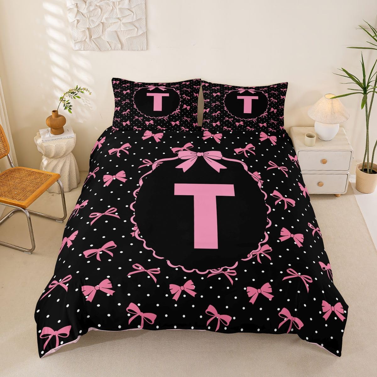 Feelyou Cute Bowknot Duvet Cover Toddler Size Bow Princess Comforter Cover for Boys Girls Personalized Letter J Bedding Set 2Pcs Room Decor