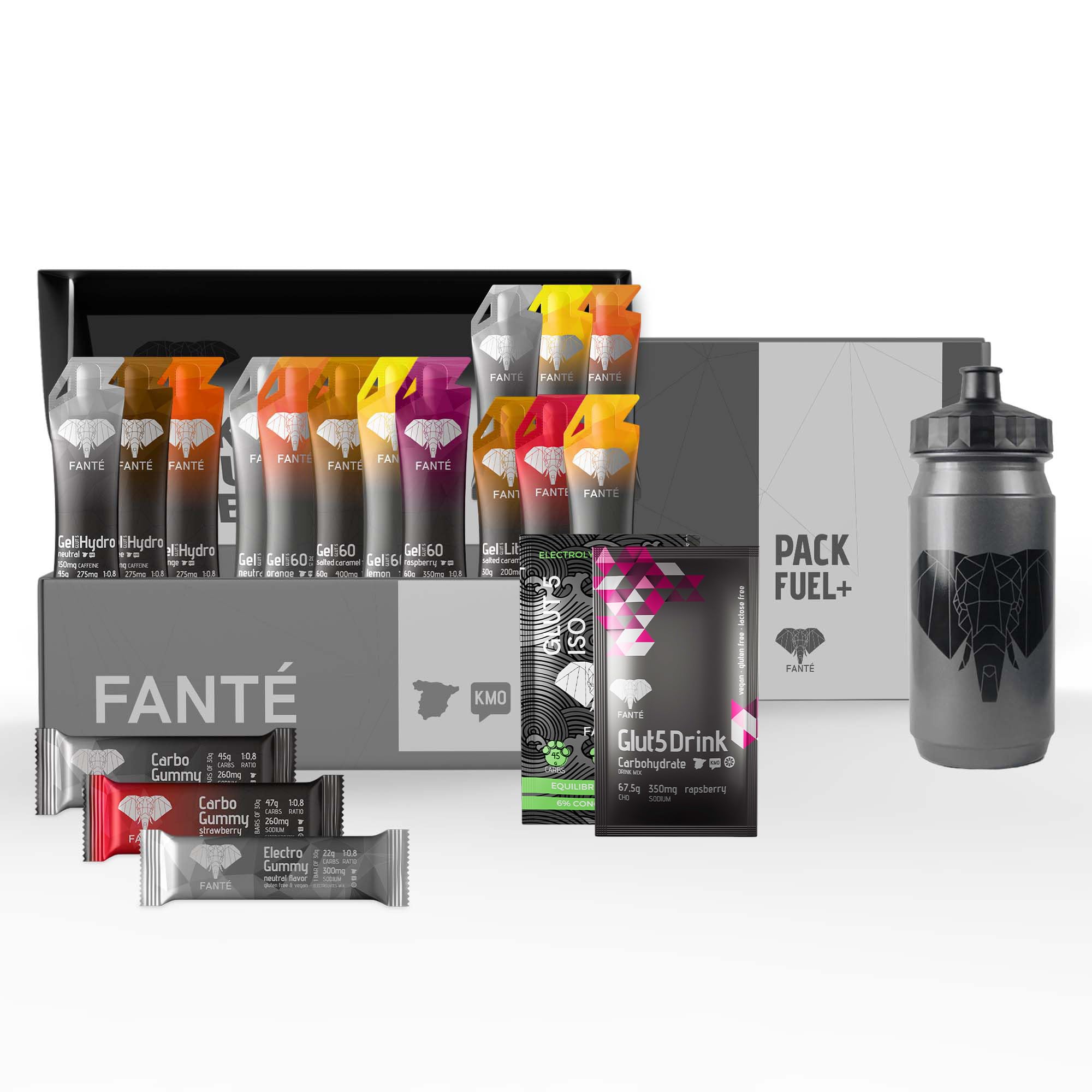FANTÉ Fuel+ Pack | Pack de 19 productos con geles energéticos, gummies y bebida de carbohidratos para running y ciclismo con cafeína y sodio.
