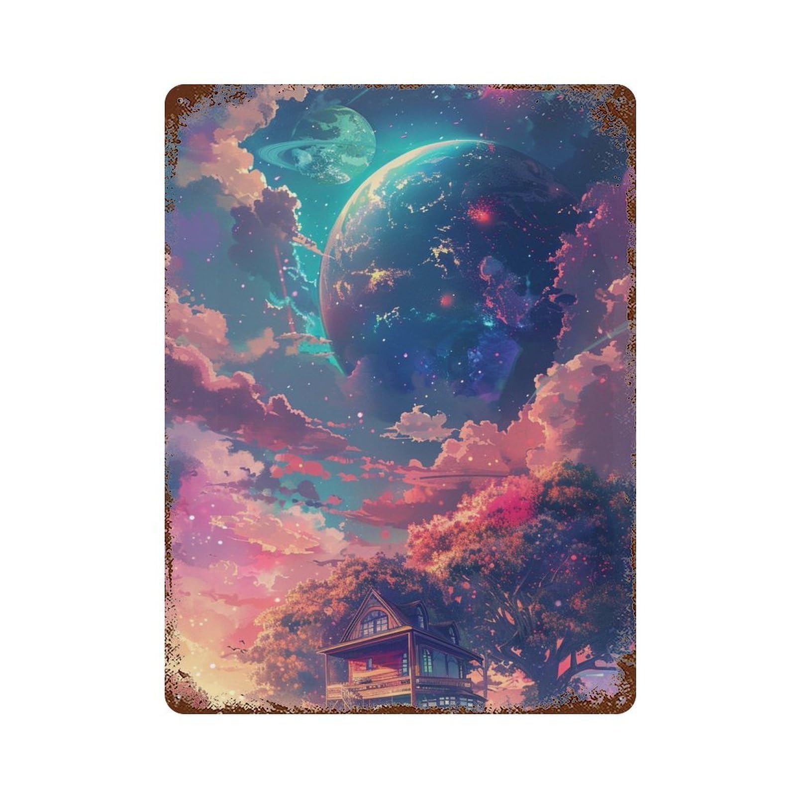 Fantasy Cosmic House 15.7"x11.8" Vintage Rust Metal Sign, Novelty Wall Decor for Living Room, Hallway And Home Decor