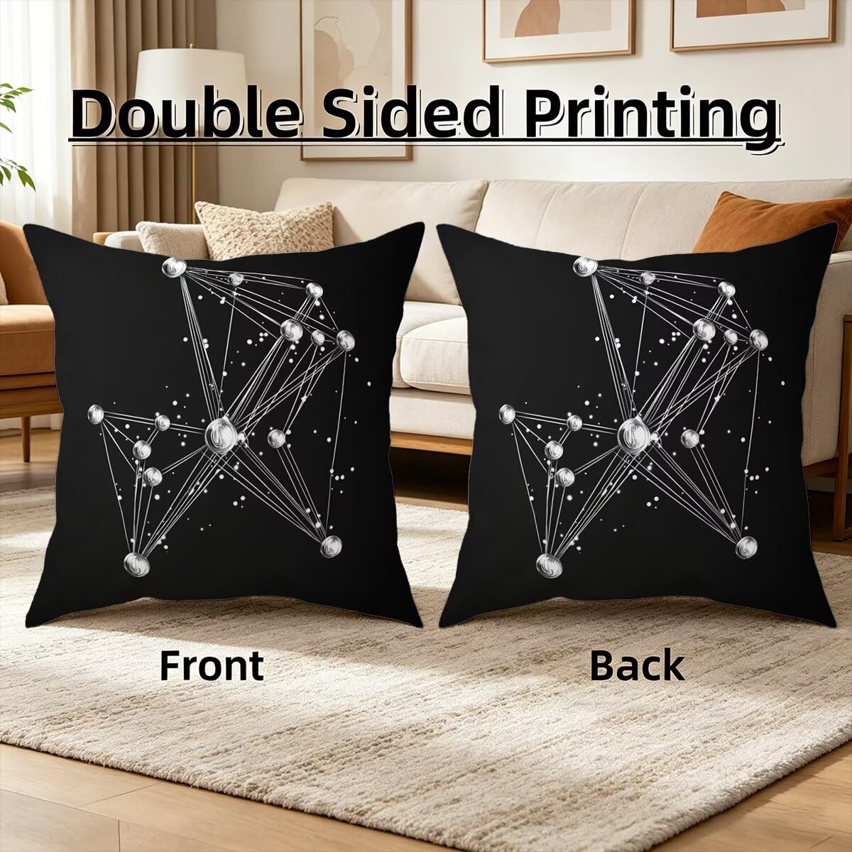 Federe Cuscino Divano 60x60, Nero Cuscini per Divano da Esterno Set da 4, Lino Copricuscini Divanos Impermeabile, Copri Cuscini Astratto Motivo Fronte Retro Stampato per Giardino, Sofá, Balcón, G-81