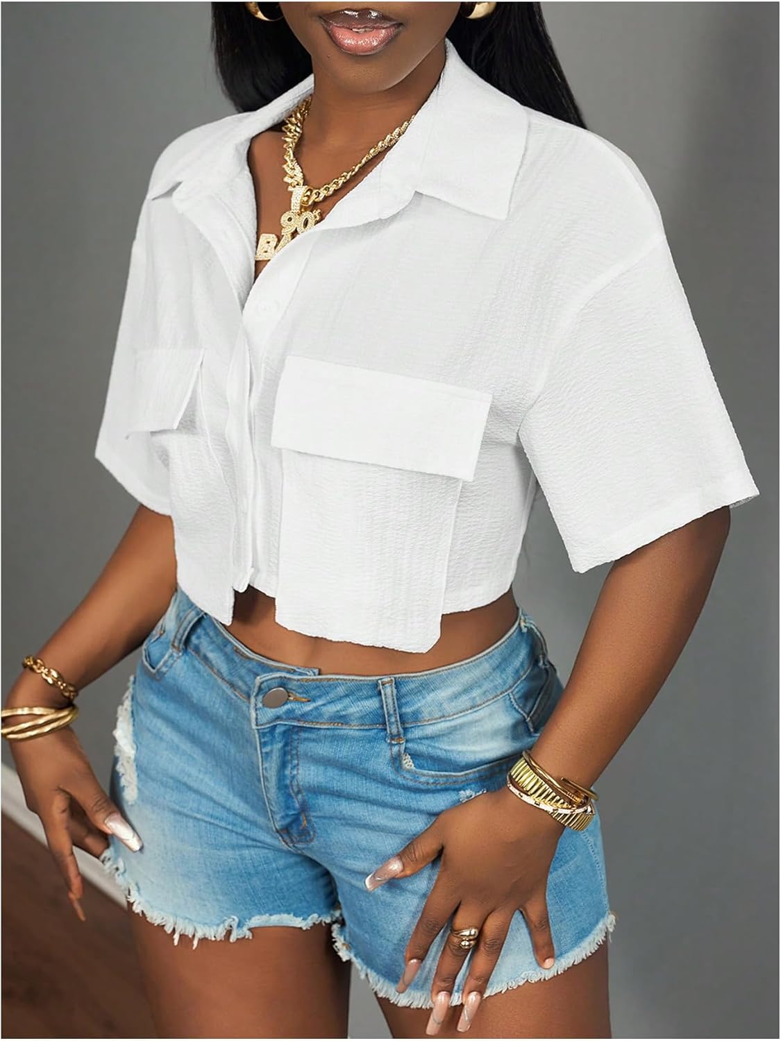 WDIRARA Women's Button Down Asymmetrical Blouse Short Sleeve Collared Crop Tops - Image 2