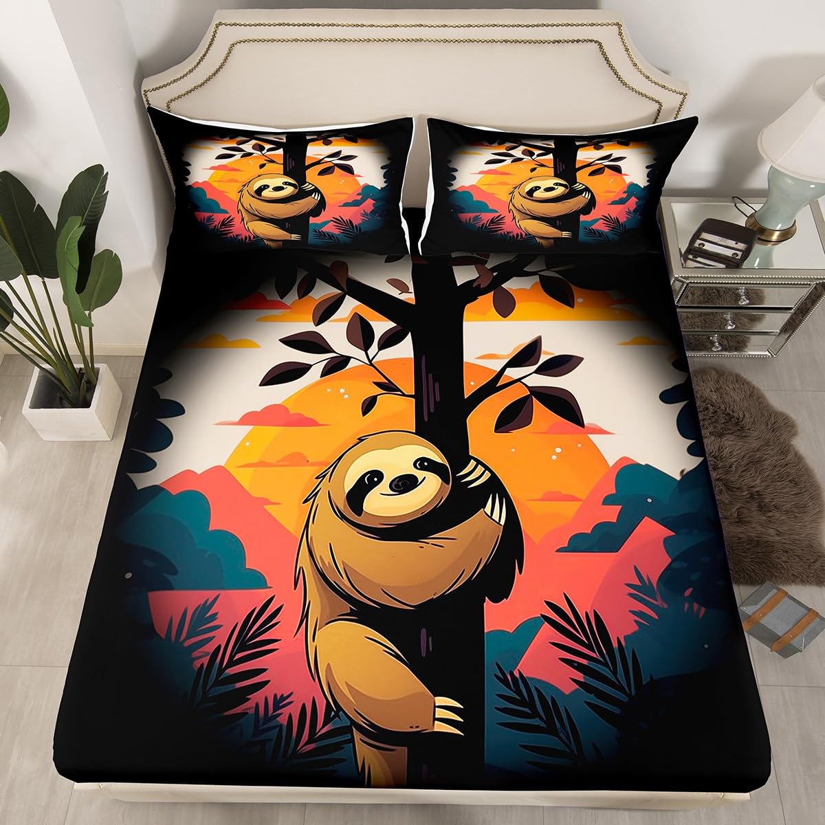 Manfei Cartoon Sloth Fitted Sheet Set Full Size 4 Pcs,Jungle Wild Animal Botanical Tree Leaves Teens Sheets,Watercolor Nature Sunset Bedding Sets (1 Fitted,1 Flat,2 Pillowcases) Bed Sheets