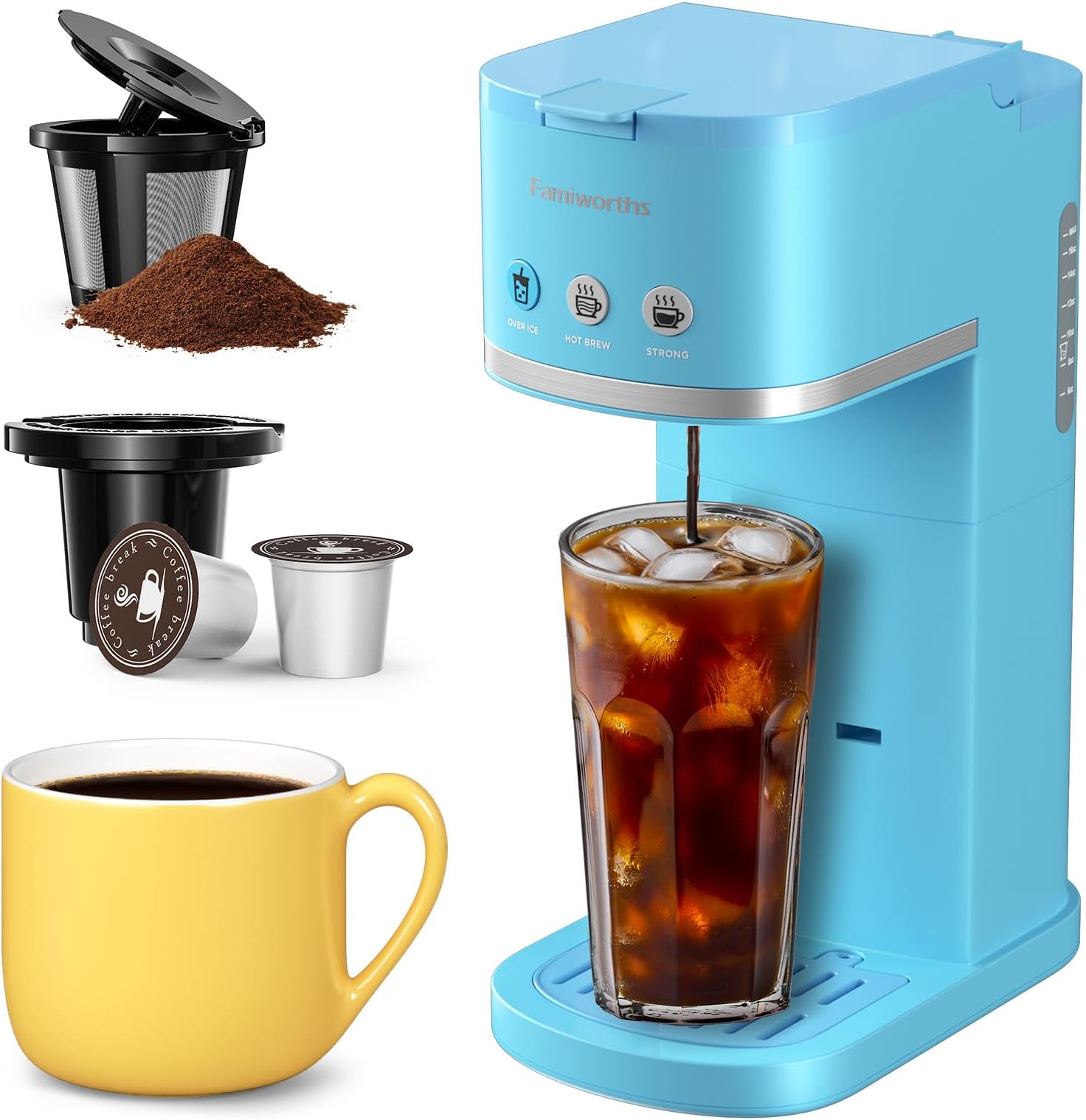 Famiworths Single Serve Coffee Maker, Iced and Hot Coffee Machine for K Cup & Ground Coffee, 6 to 16 Oz Brew Sizes, Fit 8.5" Travel Mug, Capsule Coffee Machine with Descaling Reminder, Blue