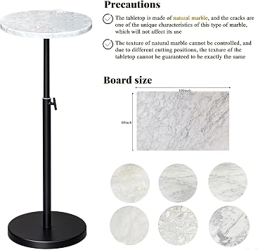 COVLON Natural Marble Drink Table, Adjustable Height Small Round Side Table