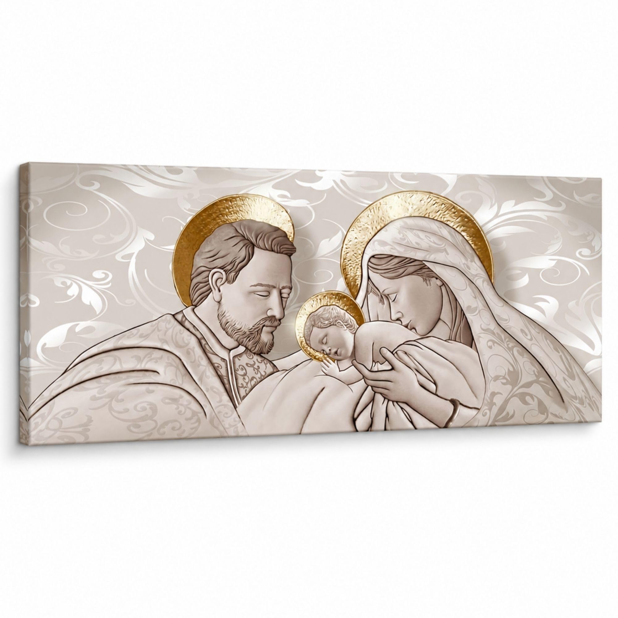 Lupia - Cuadro Moderno Sagrada Familia, Arte Religioso de Alta Definición, Decoración de Pared Artesanal Italiana, Ideal para Sala de Estar y Despacho, Marrón, 52x122 cm, PVC