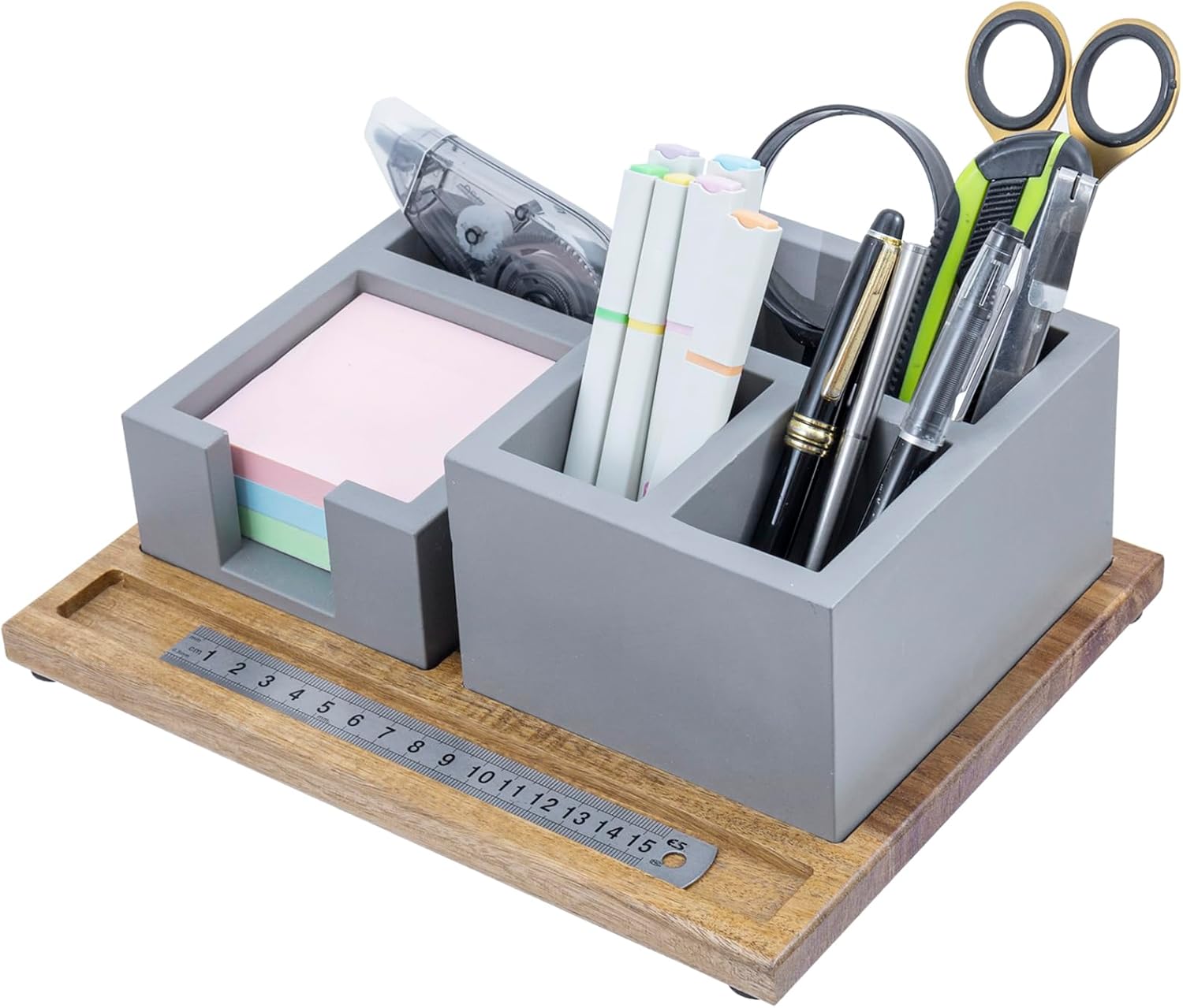MyGift Desk Tray Concrete Desk Organizer Office Desktop Pen Holder Sticky Note Storage & Acacia Wood Tray – 3-Piece
