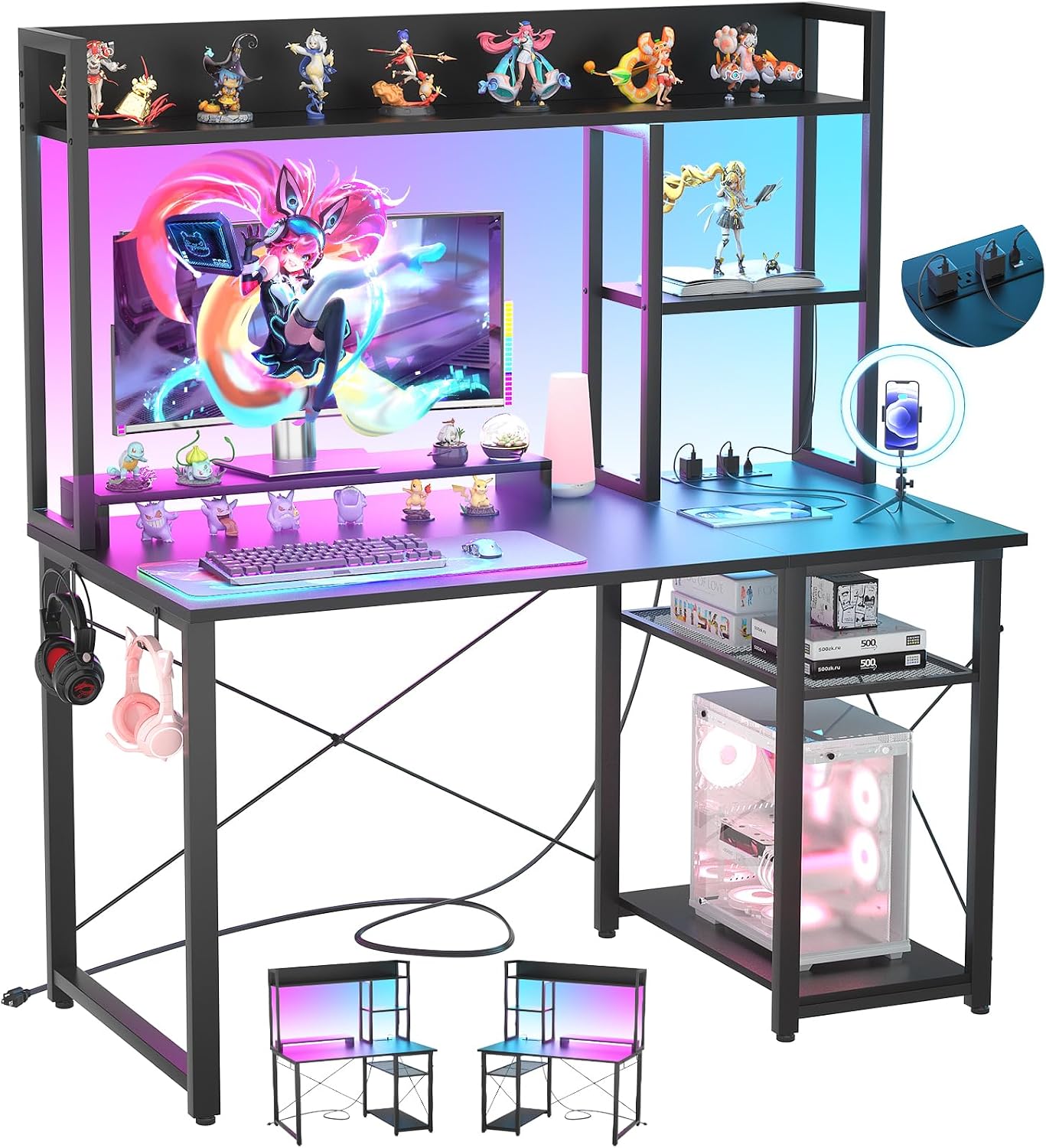 (-25%) iSunirm Gaming-Schreibtisch mit Aufsatz, 47-Zoll-Computertisch mit LED-Leuchten und Steckdosen, Home-Office-Schreibtisch mit umkehrbaren 5-stufigen Ablagefächern und Monitorständer, Schwarz