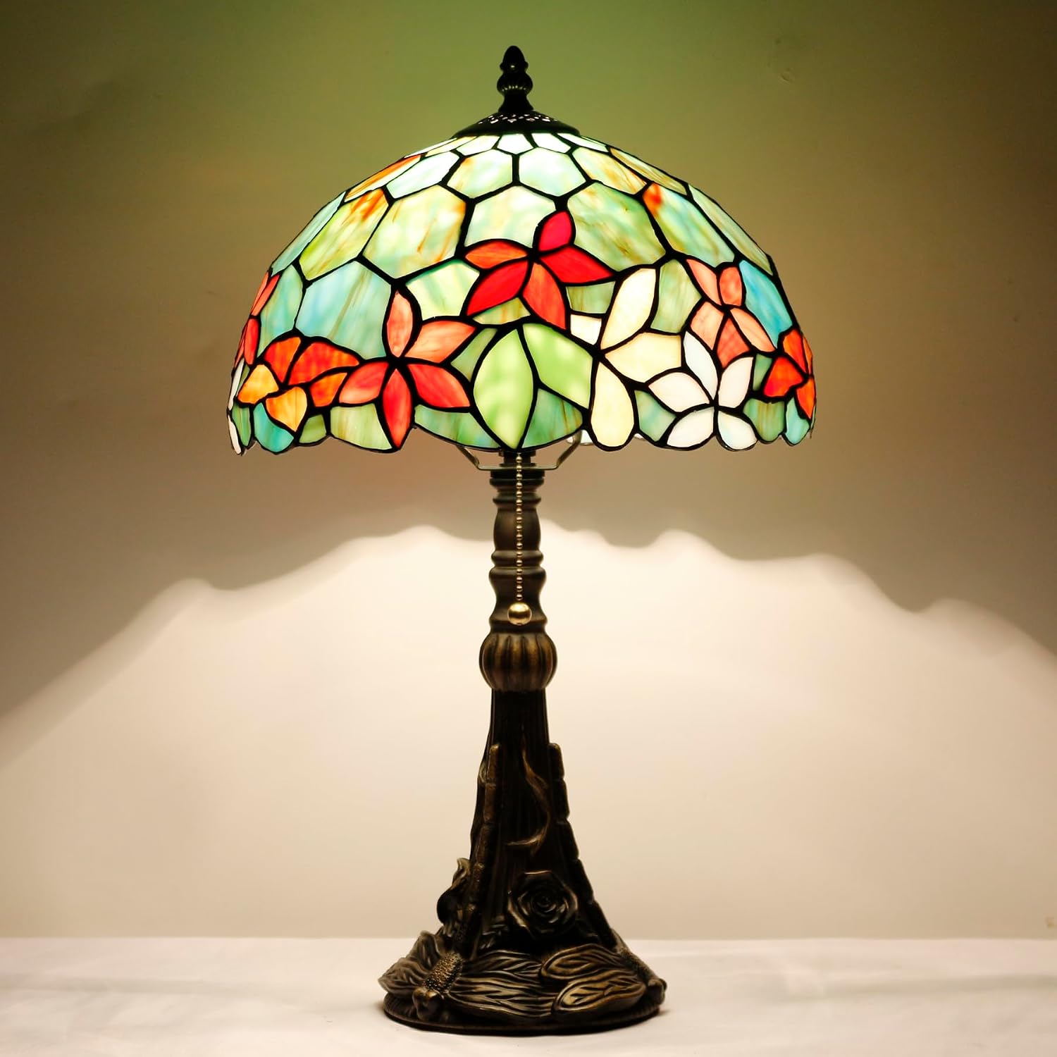 Tiffany Lamp Stained Glass Table Lamp 12X12X19 Inch Resin Base for Desk Bedroom Living Room Reading Light (Red Flowers Style)