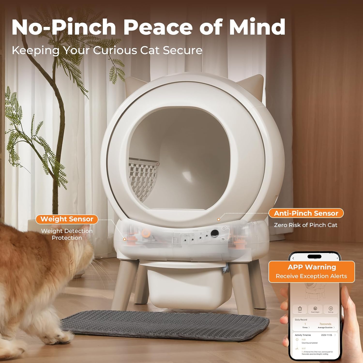 Automatic Cat Litter Box - E2 Self Cleaning Litter Box Smart Robot for Multiple Cats, APP Real-Time Monitor, Weight Monitoring, Safe Anti-Pinch Liners and Mat Included