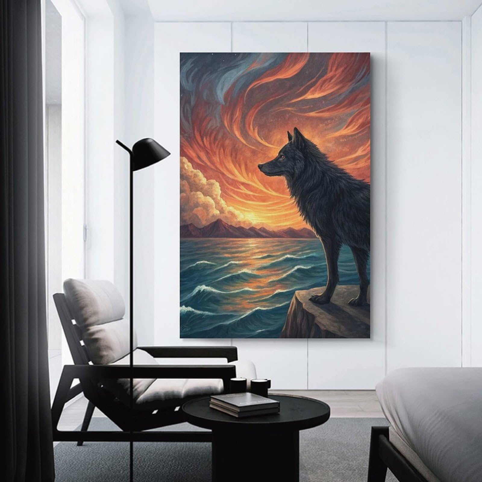 Junmoney Canvas Wall Art Wolf Overlooking A Dramatic Sunset over The Ocean, 20x30inch(50x75cm), for Corridors, Hallways Or Apartment Entries, Decorative Canvas Styling for Entry Areas