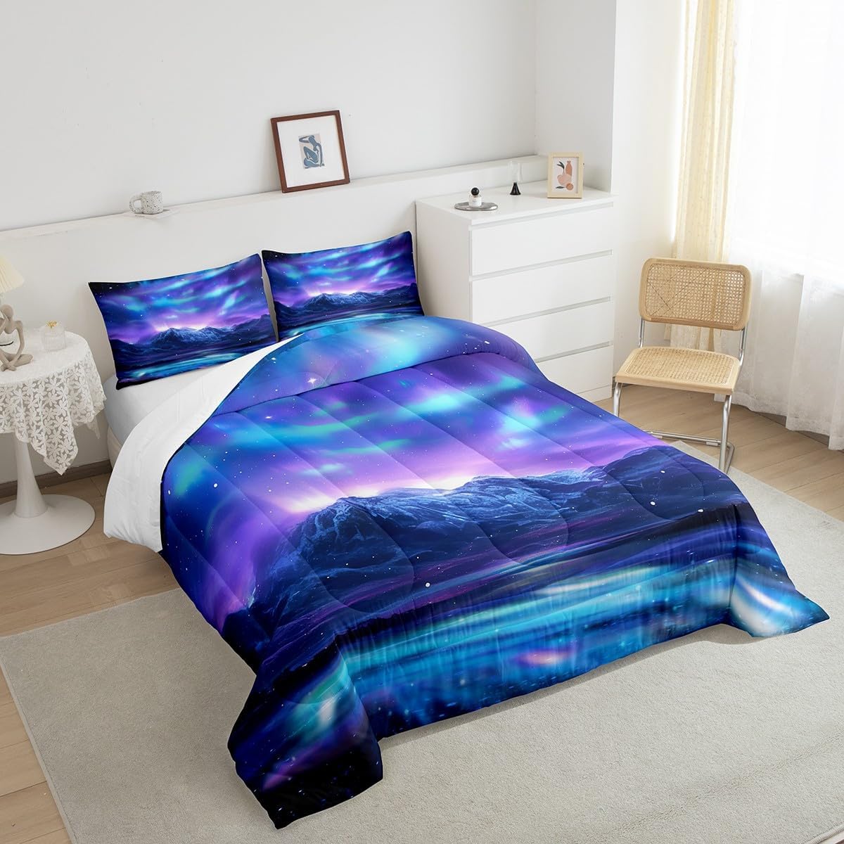 Feelyou Northern Light Comforter Set Soft Galaxy Bedding Set Blue Purple Starry Sky Aurora Decor Quilted Duvet Bed Set with Comforter for Girls Boys (Full, 3 Pieces) Boys