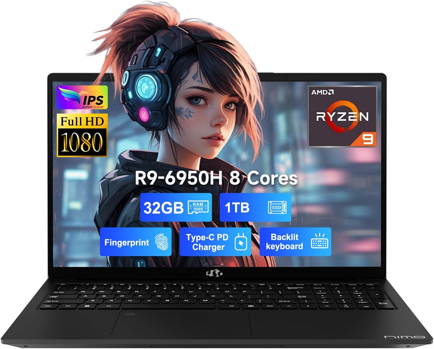 NIMO 17.3 IPS FHD Display Gaming Laptop with 8 Cores AMD Ryzen 9 Pro 6950H 680M(Up to 4.9GHz, Beatsi9-10900), DDR5 32GB RAM 1TB SSD, 100W Type C, Backlit Keyboard,WiFi 6, BT5.2, USB3.2, Win 11