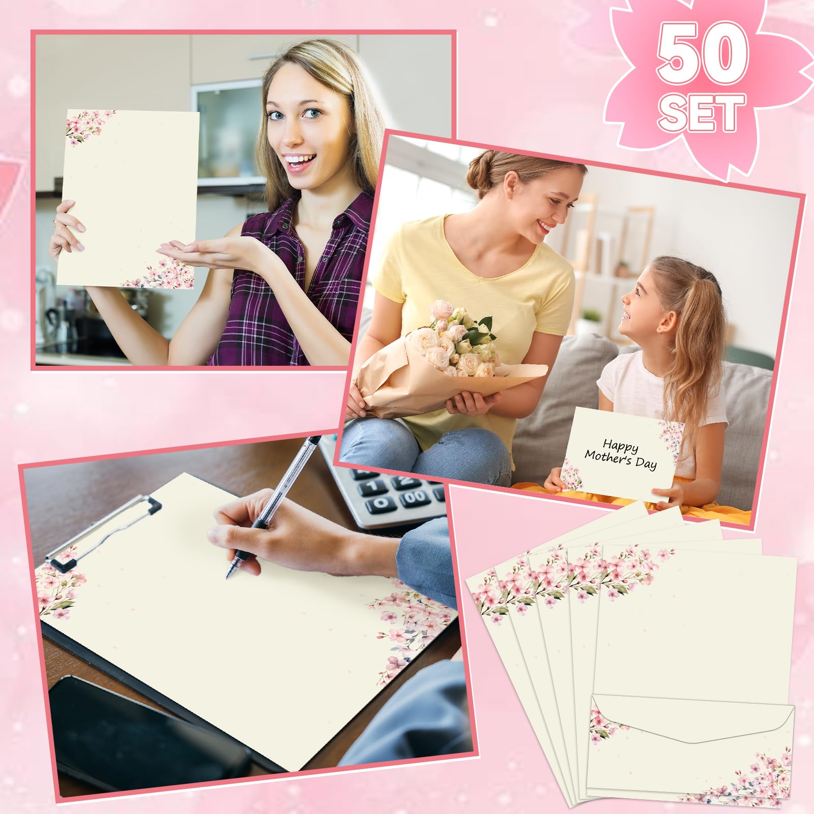 50 membretes de flores de cerezo con sobres, flores de cerezo, papel de computadora, papel de papelería floral rosa para notas a invitaciones de boda, suministros de impresión de oficina, escuela, 8.5
