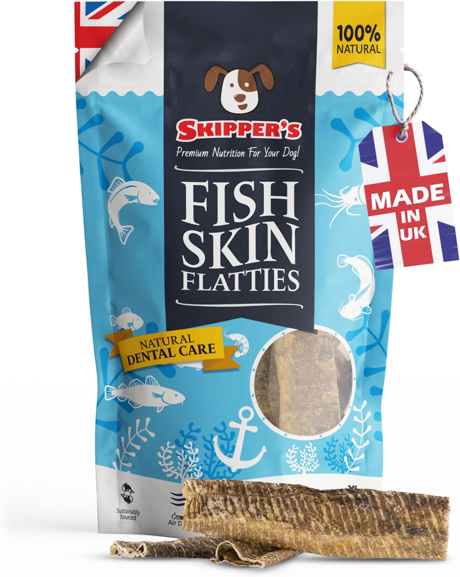 SKIPPER'S Fish Skin Flatties Sticks - Handmade and Air-Dried - 100% Dog Chews Long Lasting Natural Dog Treats - Skin Care - High Protein Low Fat Dog treats