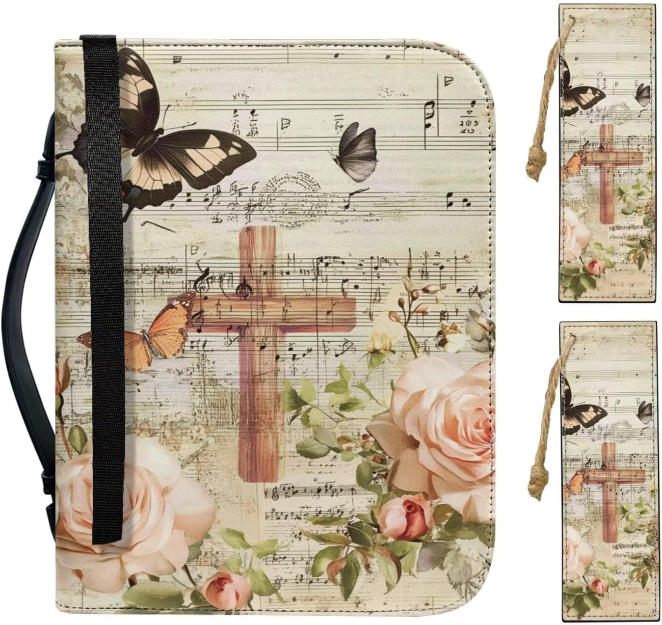 Kuiaobaty PU Leather Bible Covers with 2 PCS Bookmarks Retro Cross Rose Note Print Church Bag for Women XXL Size Portable Book Carrying Case with Zippered Pockets Christian Bag Bible Study Supplies