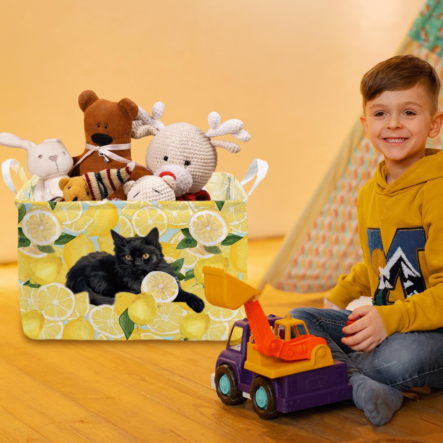 Black Cat Yellow Lemon Laundry Storage Basket, Waterproof Collapsible Hamper With Handles, Dirty Clothes Tote for Laundry Bathroom Bedroom, Cats Gift Hamper for Pet Owners, Bin for Cat Lovers