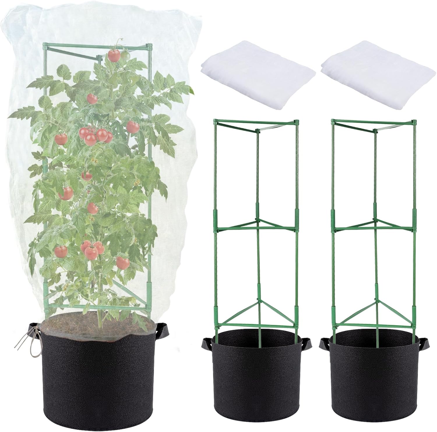 3 Sets Tomato Planter Kits - 48'' Tomato Cages with 10 Gallon Grow Bags and Garden Nettings, Stable Plant Support Trellis with Pots for Garden Vertical Climbing Plants Flowers Vegetable Vines
