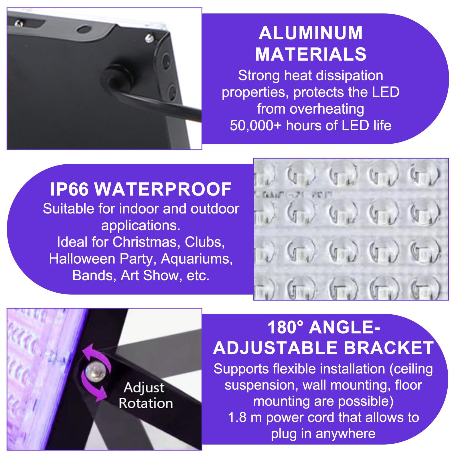 2 faretti a LED di colore nero, 50 W, con spina, IP65, impermeabili, con interruttore, 395 – 400 nm, per bar, discoteca, feste, Halloween, palcoscenici