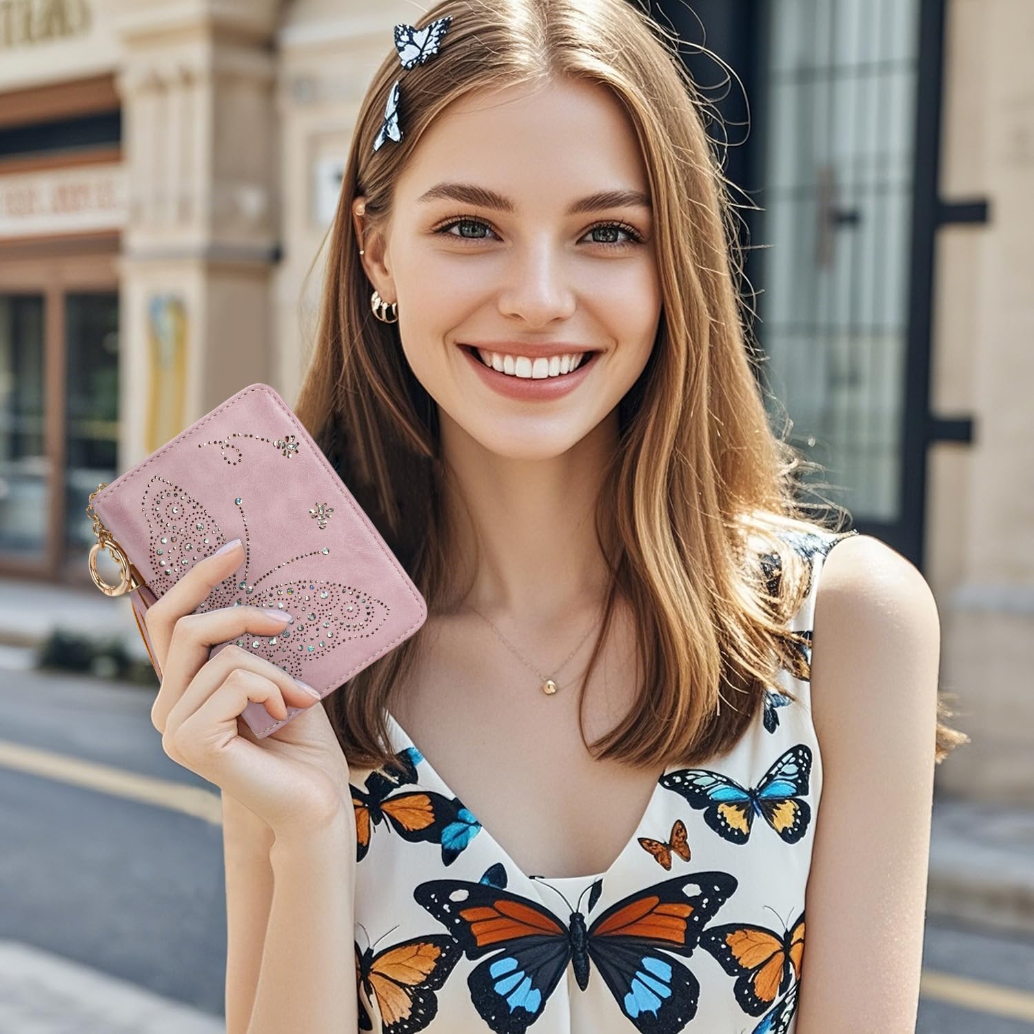 Women RFID Blocking Small Bifold Wallet, Compact Cash Clutch with Zipper Coin Pocket, Glittery Butterfly Design, Credit Card Holder, Travel Purse with Tassel PURPLE - Image 4