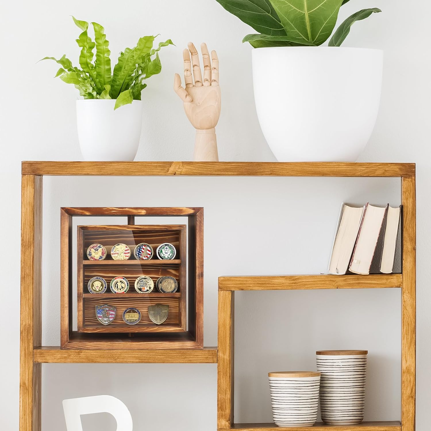 Double-Sided Rotating Challenge Coin Display Case, Medals Collectible Figures Cabinet Shadow Box, Honoring Veterans & Collectors Holder Storage Box for Bobble Heads by Wood