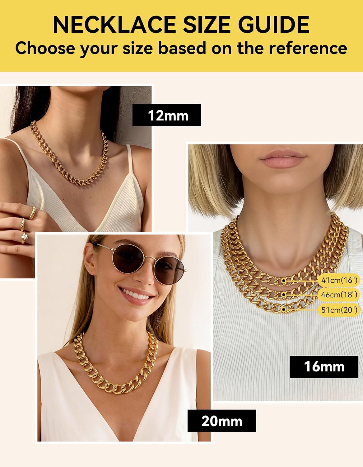 ChainsHouse Cuban Link Chain for Women Chunky Gold Necklace Stainless Steel/Gold Plated Choker Necklaces for Women, 12/16/20 mm Width Thick Chain Choker Punk Hip-Hop Jewelry,18-20"