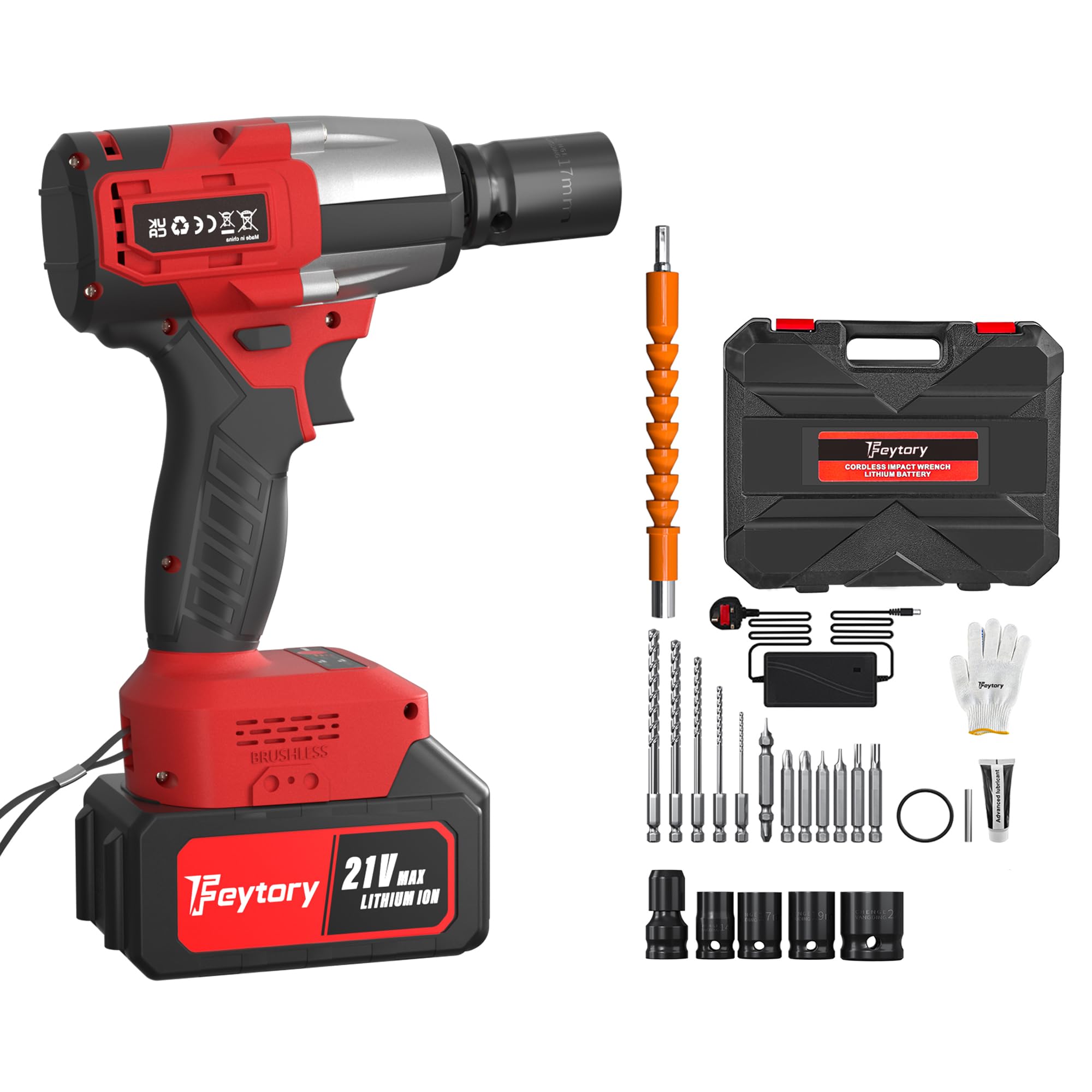 21V Cordless Impact Wrench 1/2 inch, Impact Gun Brushless High Torque Wrench Kit 550N.m, Battery Impact Driver with Fast Charger LED Light 4 Sockets & 12 Drill Accessories - Red
