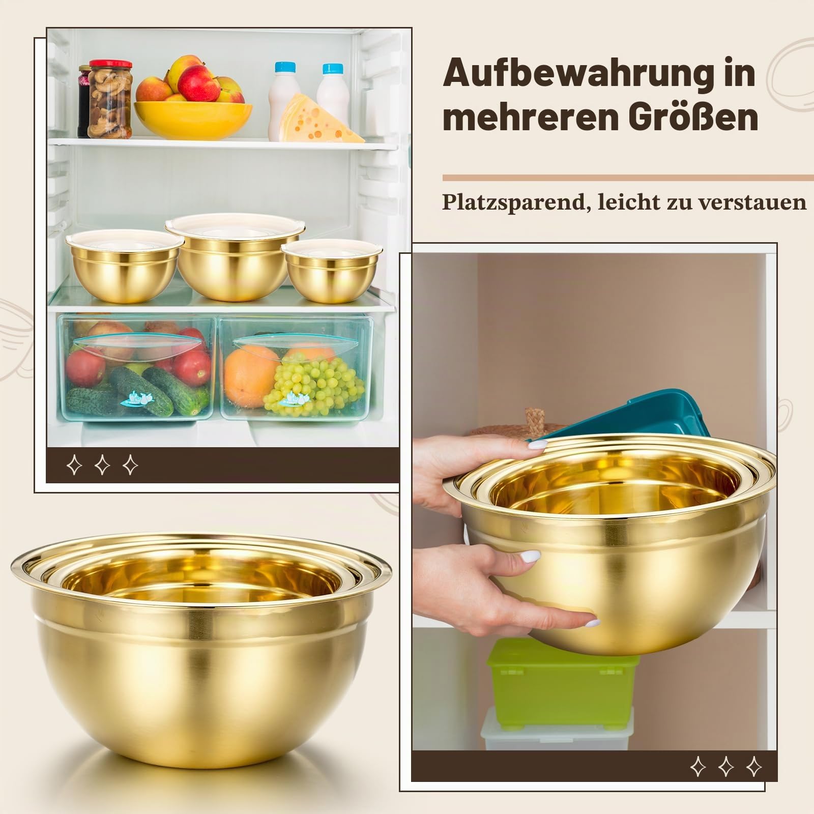 Baderke 7-teiliges goldenes Küchenzubehör beinhaltet Edelstahlsieb mit Griffen, 3 goldene Rührschüsseln mit luftdichten Deckeln und 3 feinmaschigen Sieben (Sieb: 5 Qt, Rührschüsseln: 1,5/2/3 Qt)