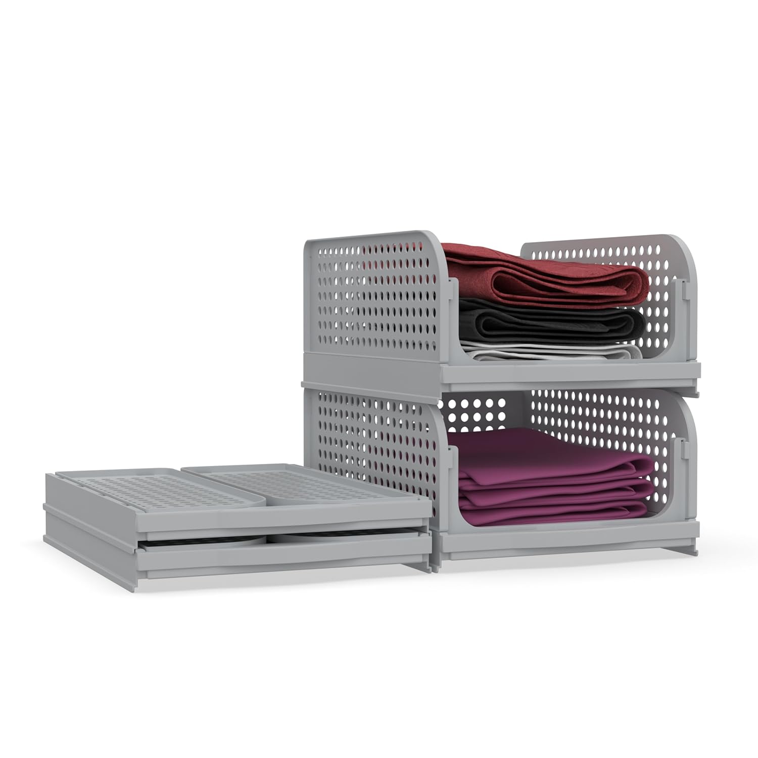 Skrill Pack of 2 Foldable, Sliding & Stackable Plastic Wardrobe Organizer for Storage Clothes | Ideal Wardrobe Shelf Organiser for Innerwear, Shirt, Socks | Grey