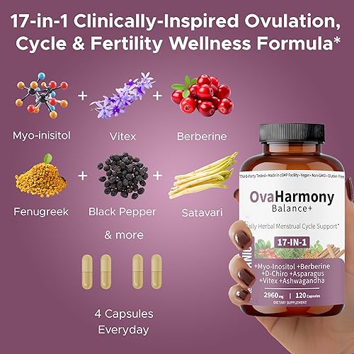 Miniatura 5 de OvaHarmony Balance+  2960 mg - 17 en 1  PCODPCOS a base de hierbas y apoyo del ciclo menstural  Fórmula femenina de bienestar diario  Probado por