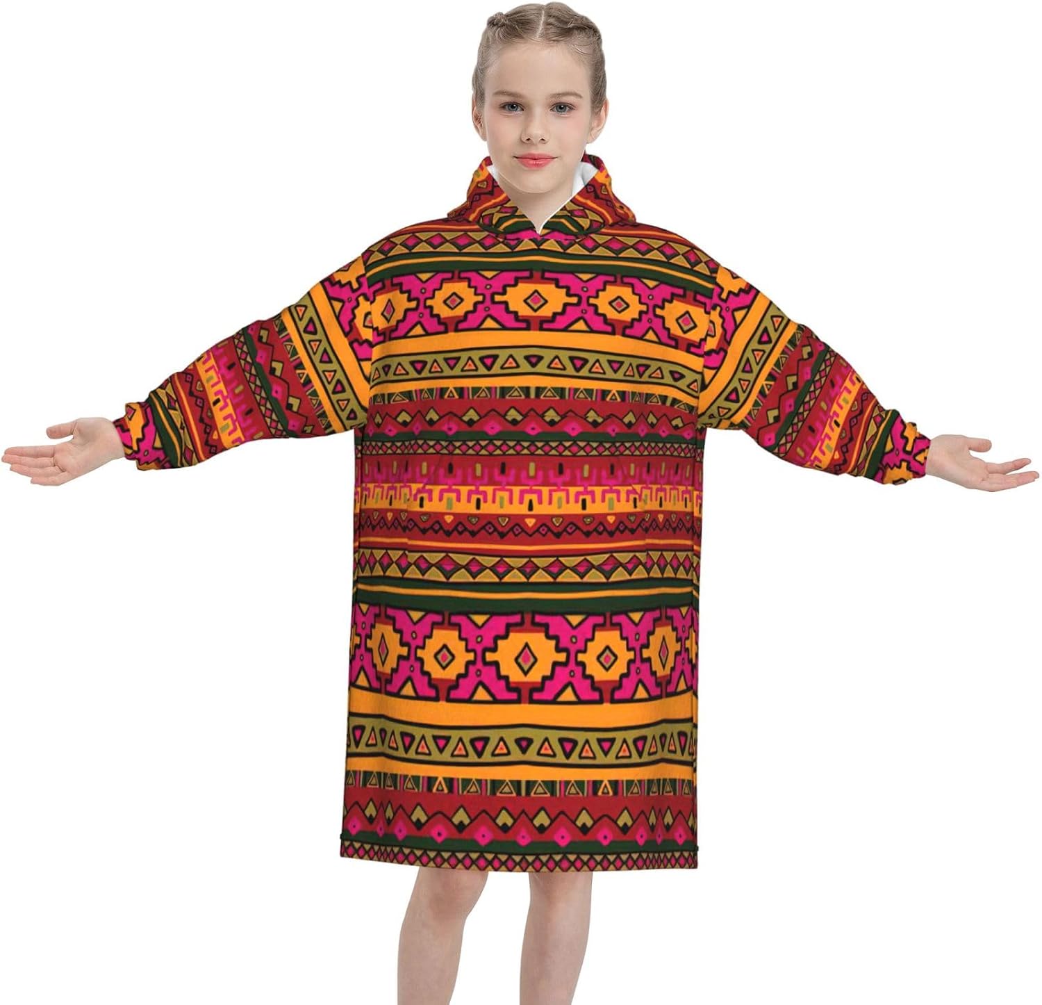 Mexican Folk Art Boho Print Oversized Blanket Hoodie, Wearable Blanket Hooded,Hooded Pullover With Pocket