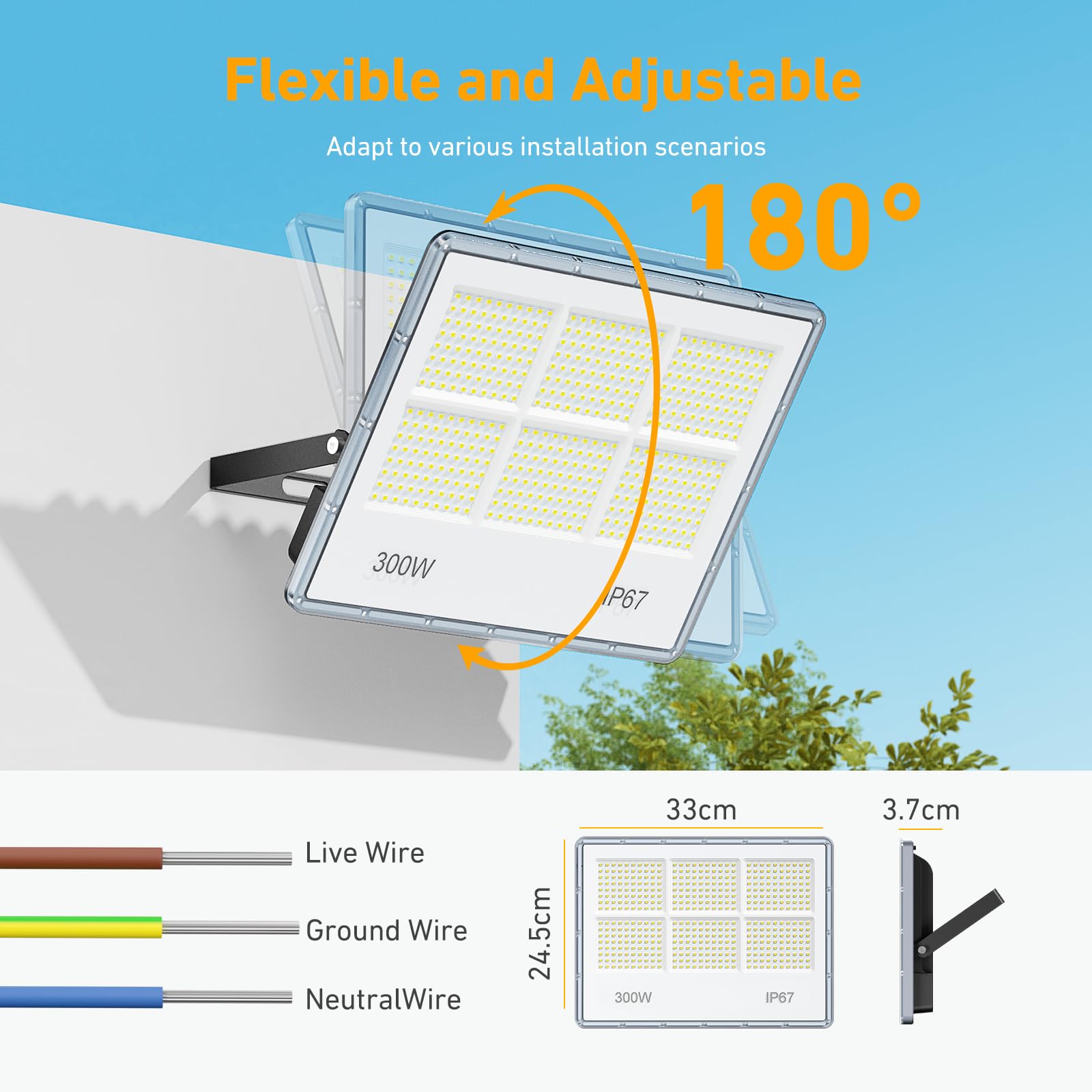 300W Focos LED Exterior - 2 Piezas 30000LM 480 LEDs Superbrillante Luz Exterior, IP67 Impermeable, 7000K Blanco Frío Proyector LED para Garajes, Patios, Fábricas, Calles y Estadios