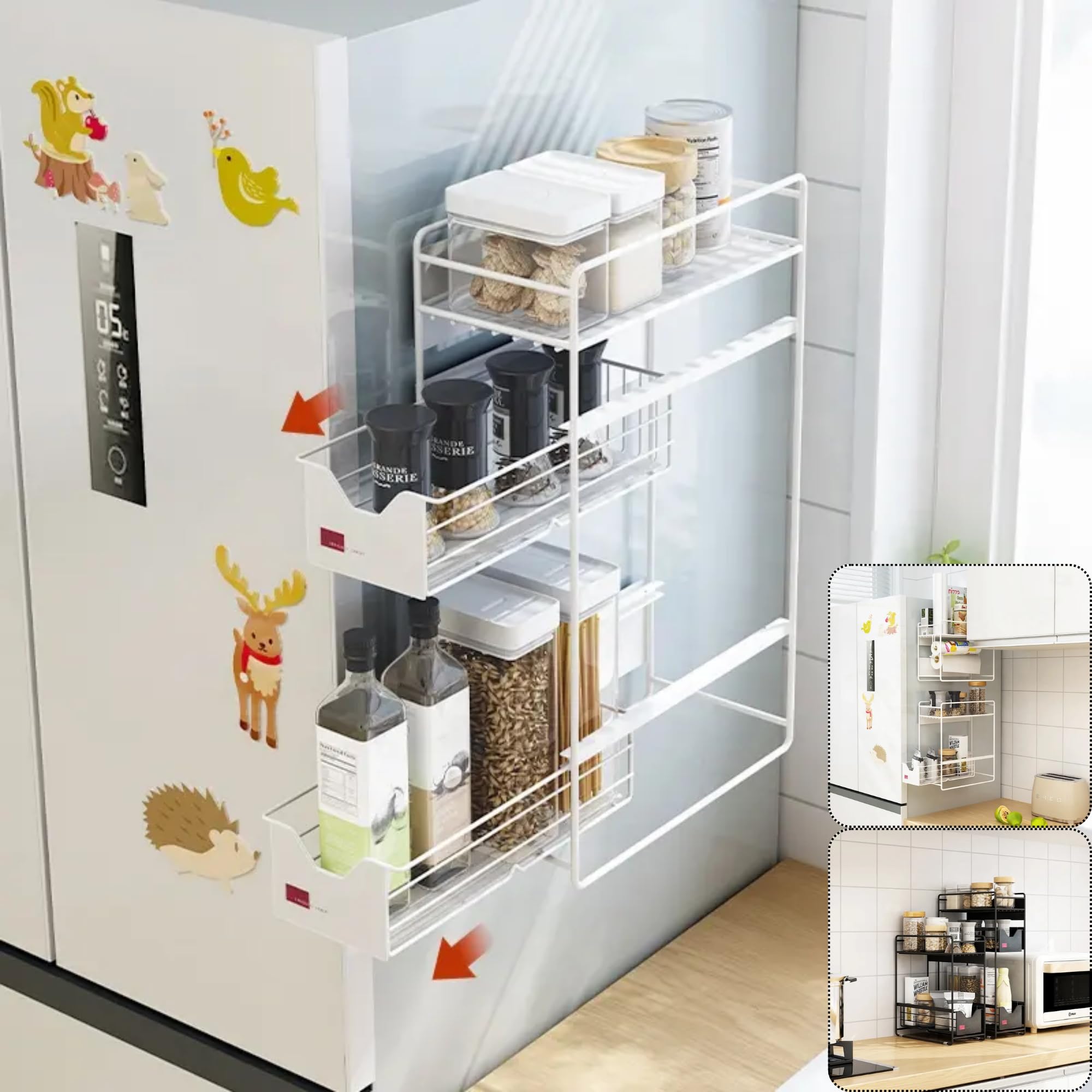 ALCR Magnetic Fridge Side Rack, Refrigerator Metal Shelf Organizer for Kitchen Storage with Paper Towel, Spice Rack Holders with Utility Hooks (Magnetic Side Rack (White) - A)